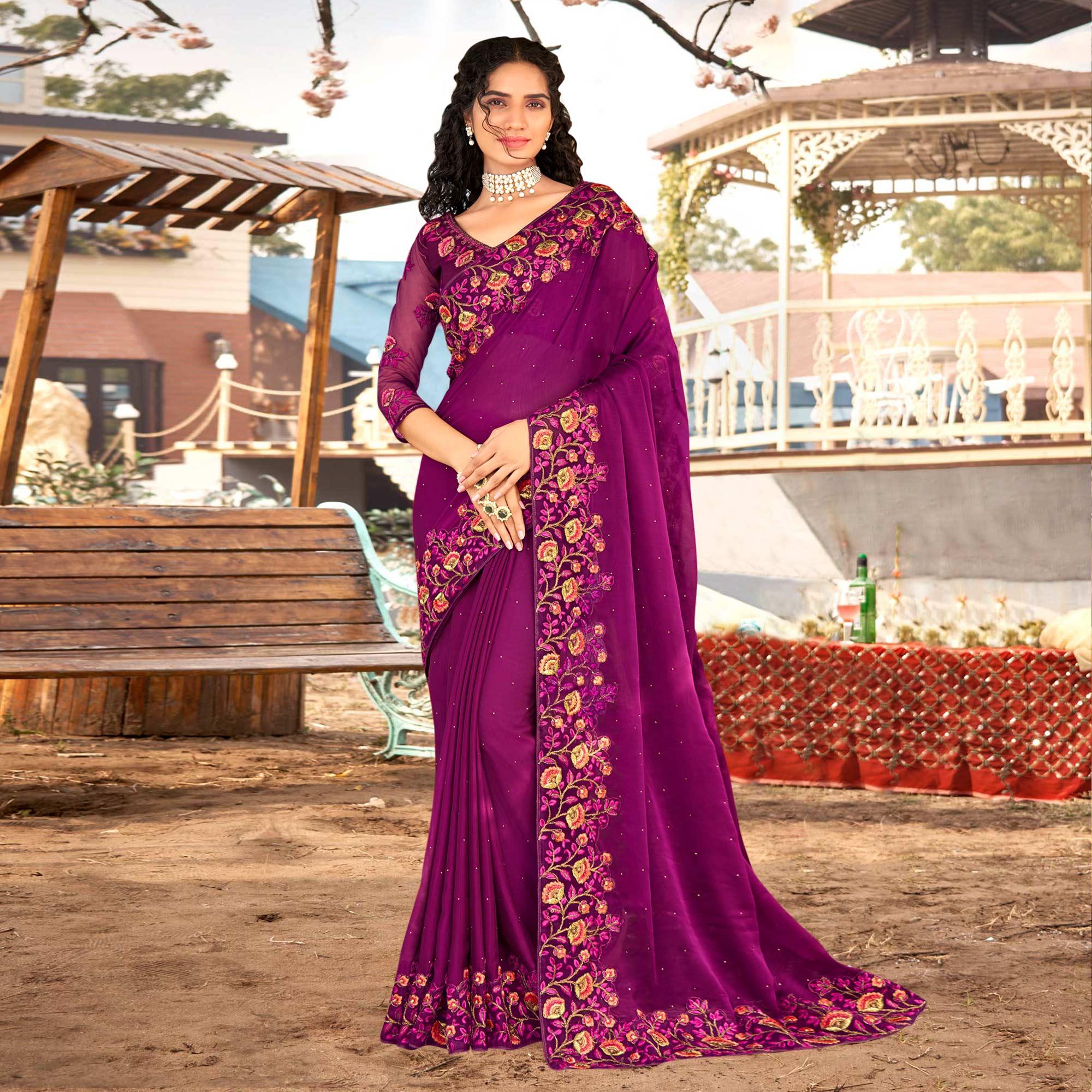 Purple Embellished With Embroidered Chiffon Saree - Peachmode