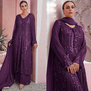 Purple Embellished With Embroidered Georgette Palazzo Suit - Peachmode