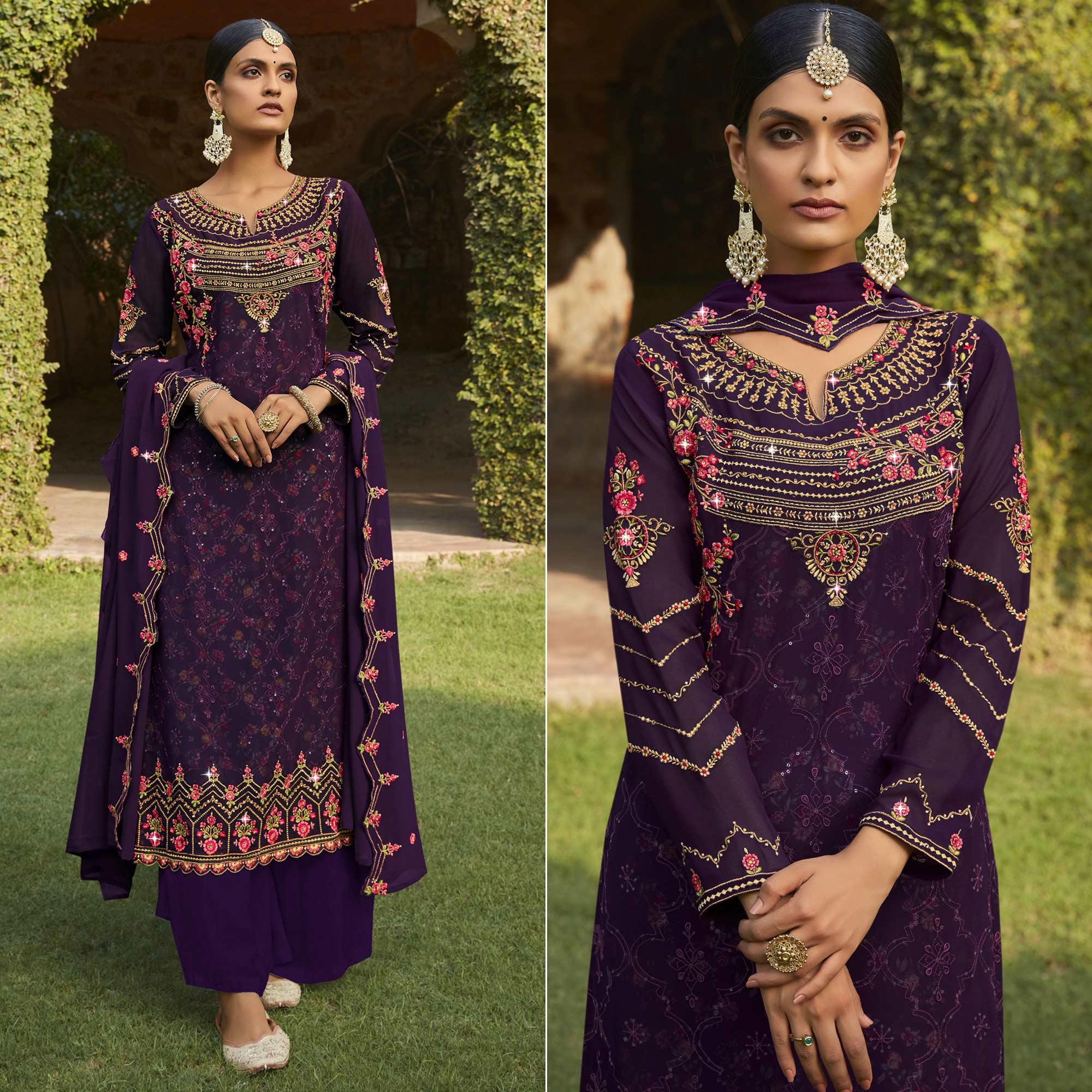 Purple Embellished With Embroidered Georgette Palazzo Suit - Peachmode