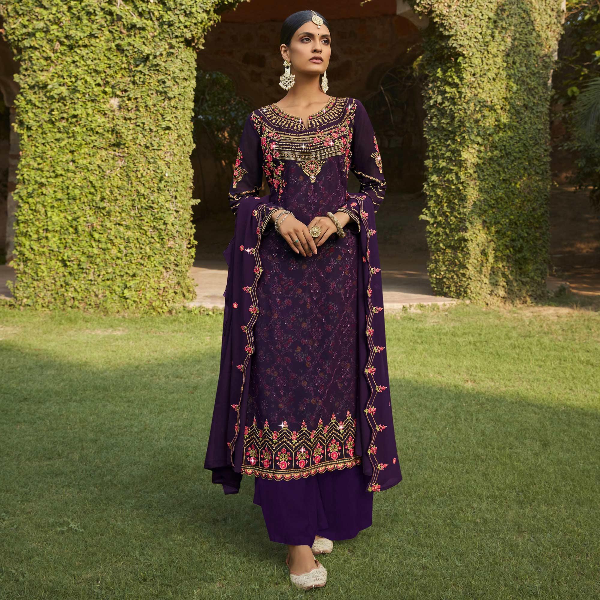 Purple Embellished With Embroidered Georgette Palazzo Suit - Peachmode