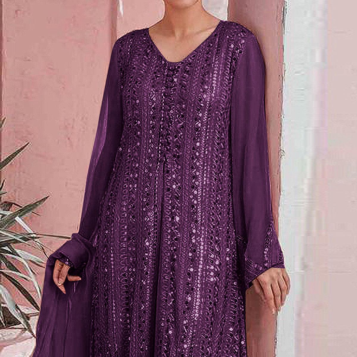 Purple Embellished With Embroidered Georgette Palazzo Suit - Peachmode