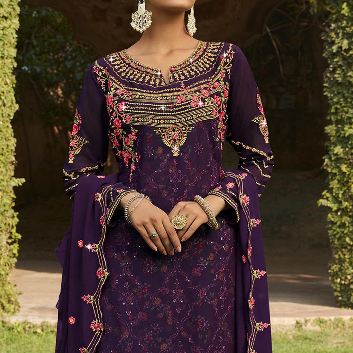 Purple Embellished With Embroidered Georgette Palazzo Suit - Peachmode