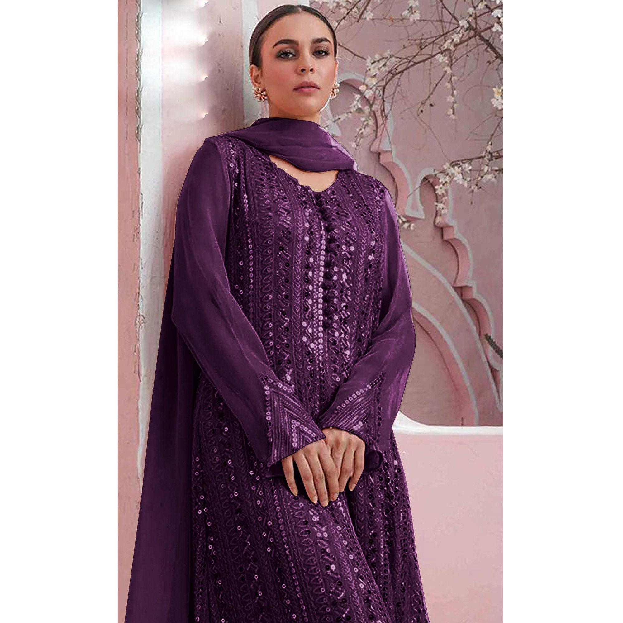 Purple Embellished With Embroidered Georgette Palazzo Suit - Peachmode