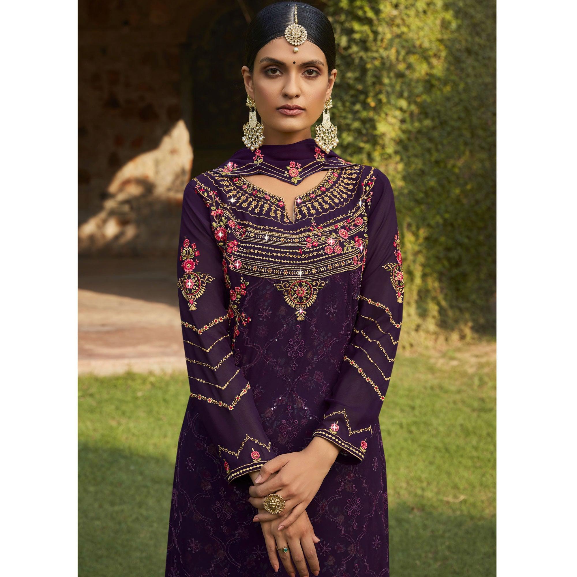 Purple Embellished With Embroidered Georgette Palazzo Suit - Peachmode