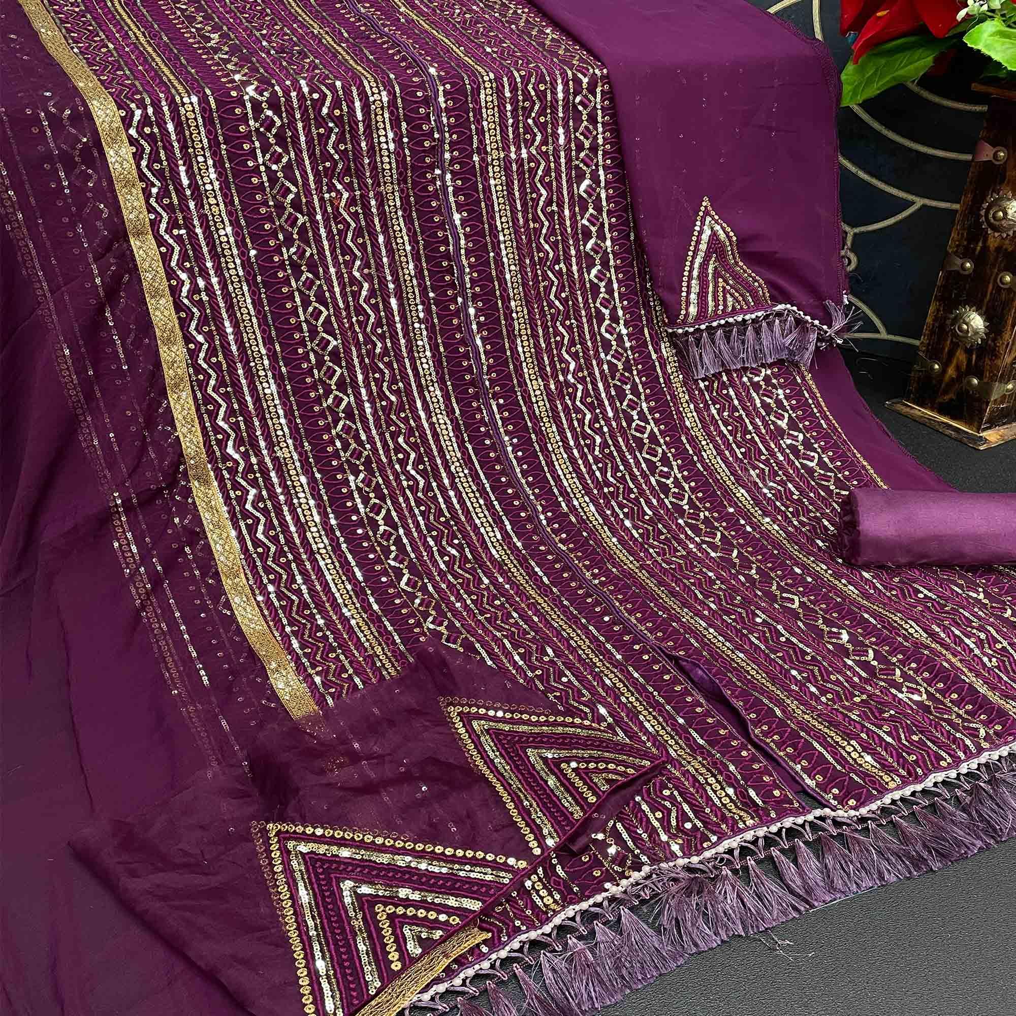 Purple Embellished With Embroidered Georgette Palazzo Suit - Peachmode