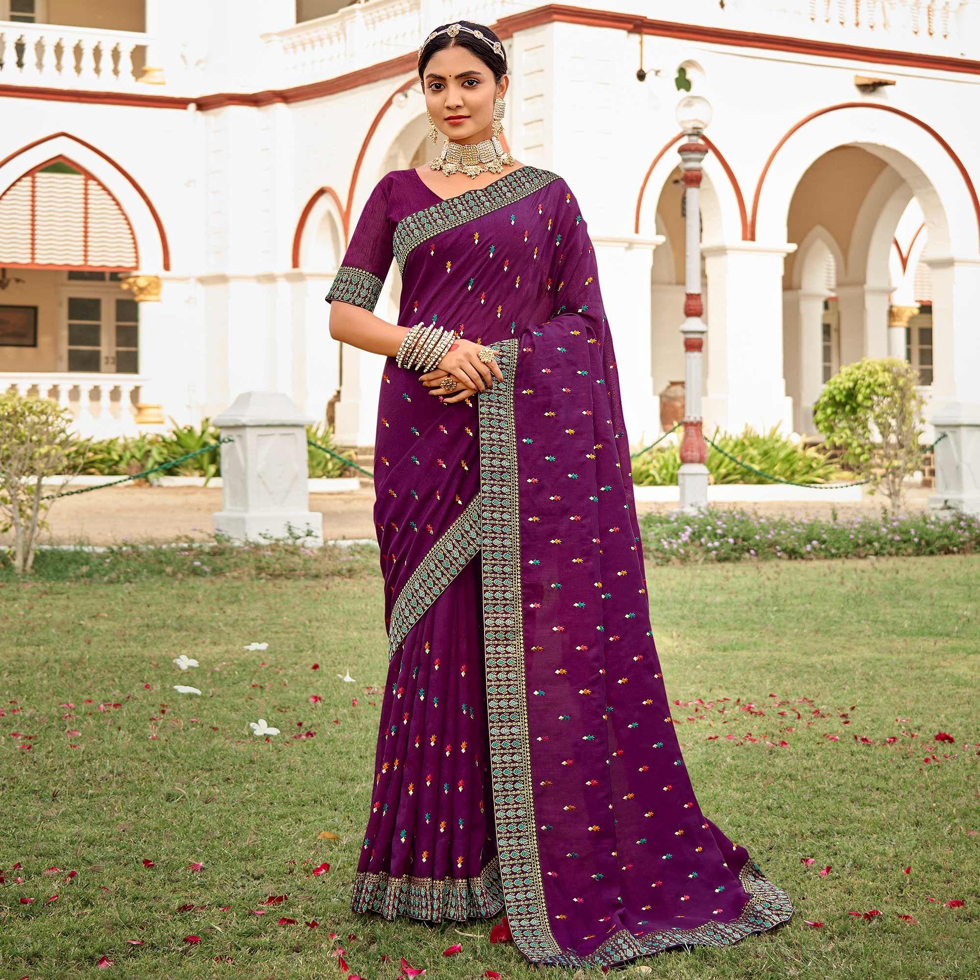 Purple Embellished With Embroidered Vichitra Silk Saree - Peachmode