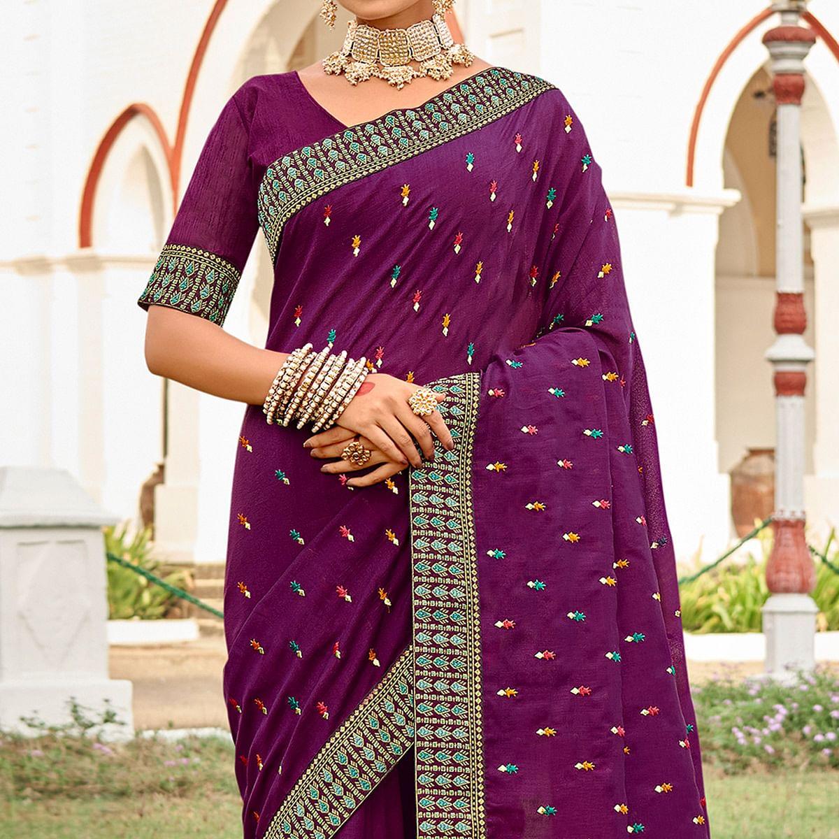 Purple Embellished With Embroidered Vichitra Silk Saree - Peachmode