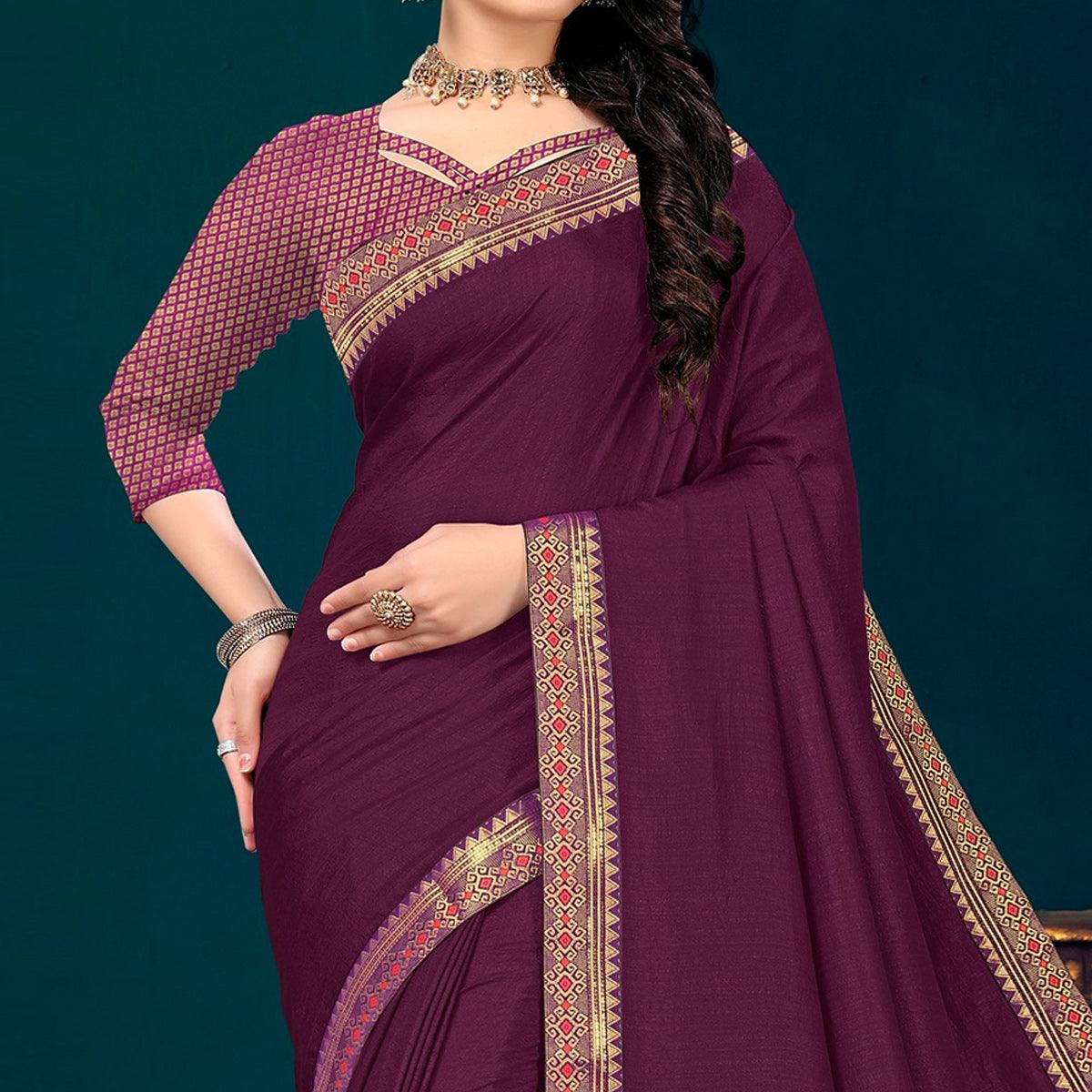Purple Embellished With Embroidered Vichitra Silk Saree - Peachmode