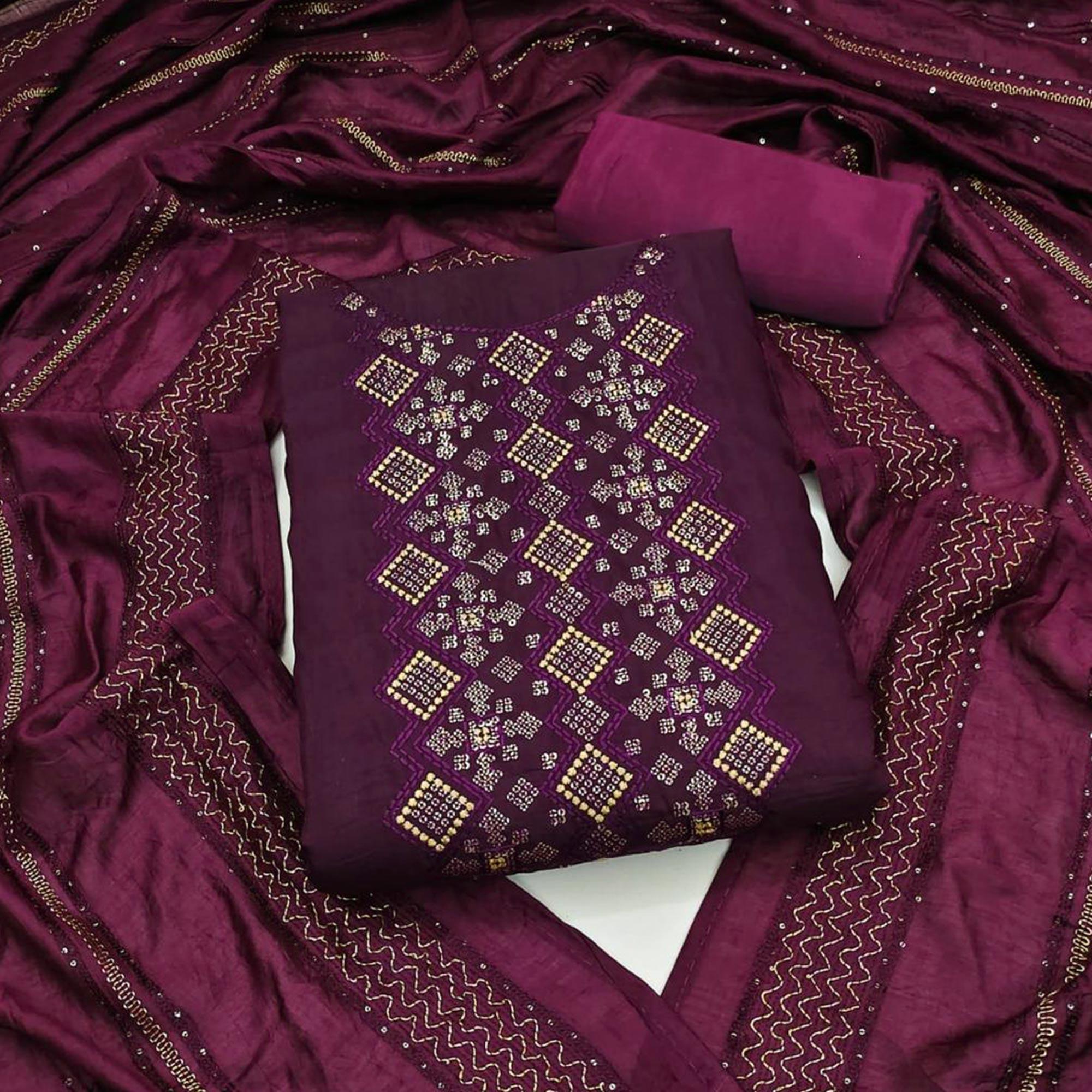 Purple Embroidered Art Silk Dress Material - Peachmode