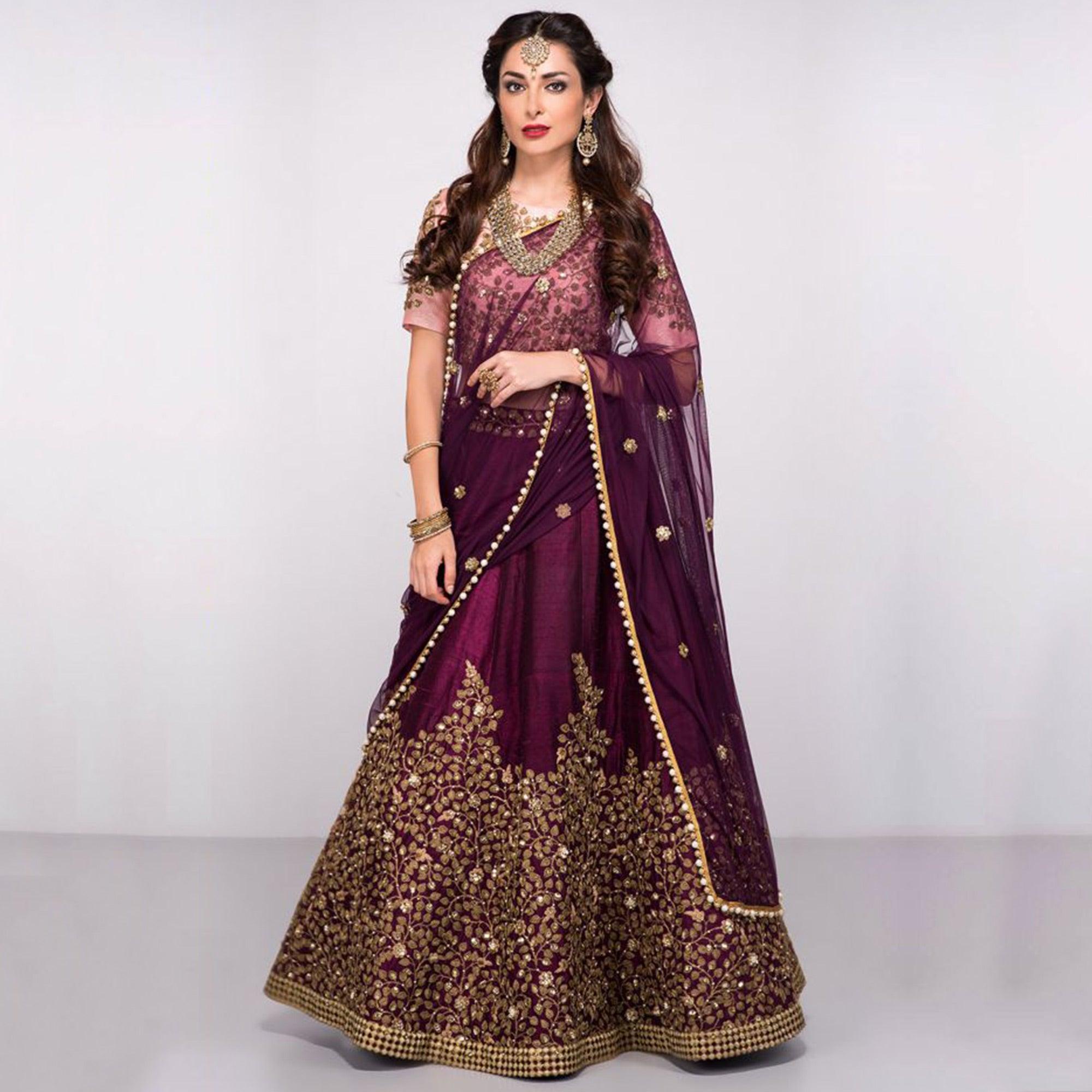 Purple Embroidered Art Silk Lehenga Choli - Peachmode