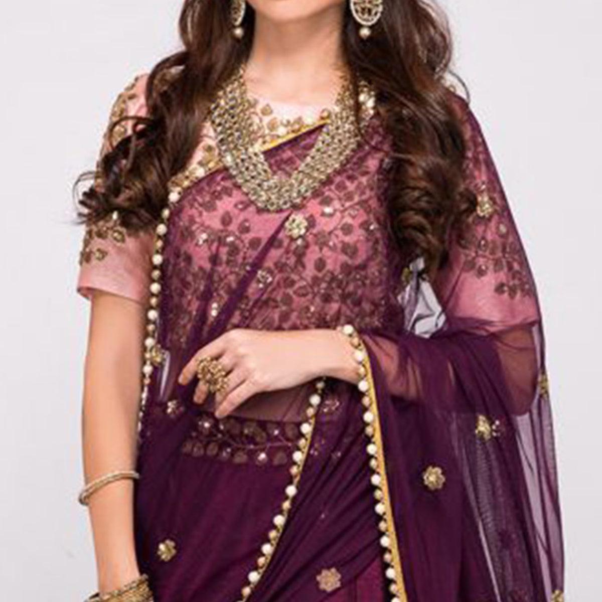 Purple Embroidered Art Silk Lehenga Choli - Peachmode