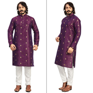 Purple Embroidered Art Silk Men's Kurta Pyjama Set - Peachmode