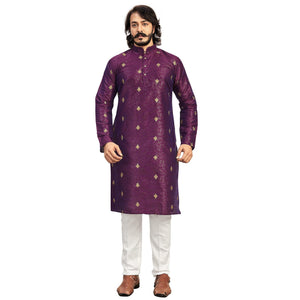 Purple Embroidered Art Silk Men's Kurta Pyjama Set - Peachmode