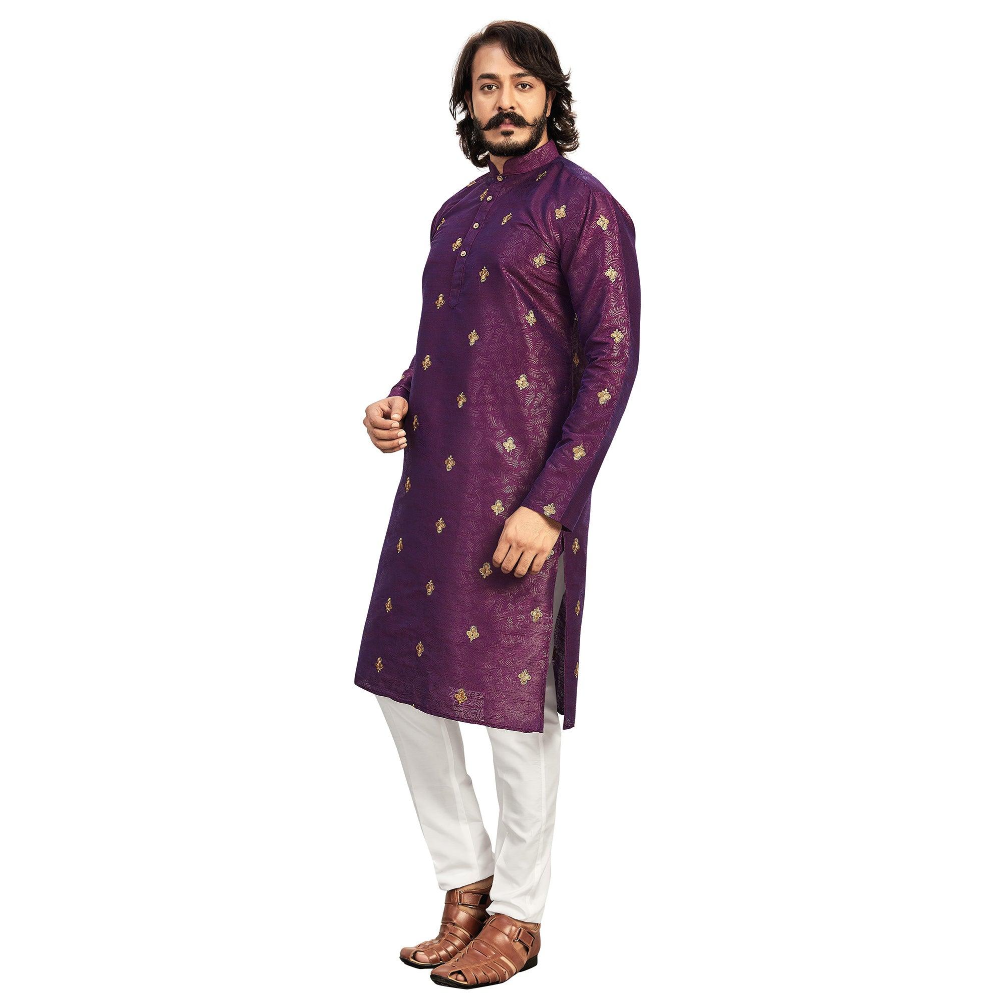 Purple Embroidered Art Silk Men's Kurta Pyjama Set - Peachmode