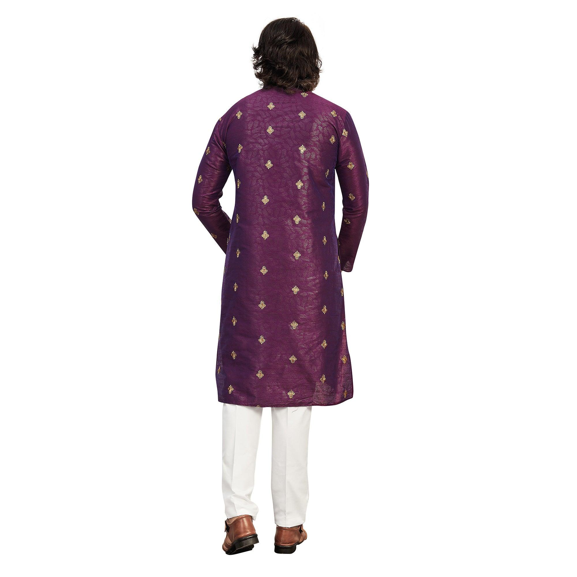 Purple Embroidered Art Silk Men's Kurta Pyjama Set - Peachmode