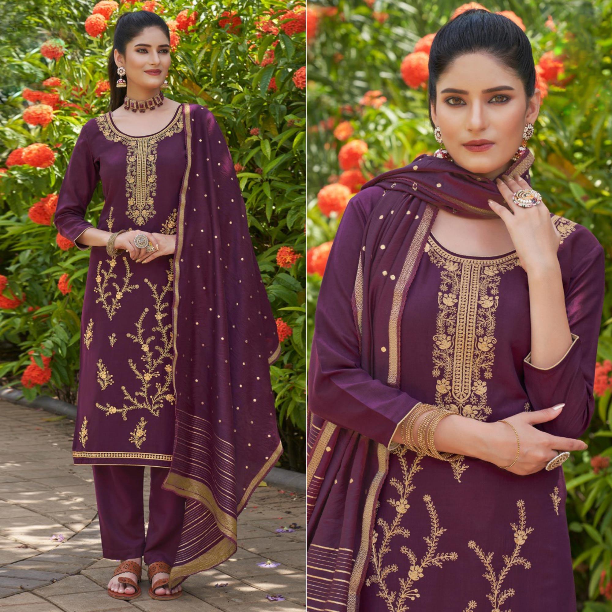 Purple Embroidered Art Silk Salwar Suit - Peachmode