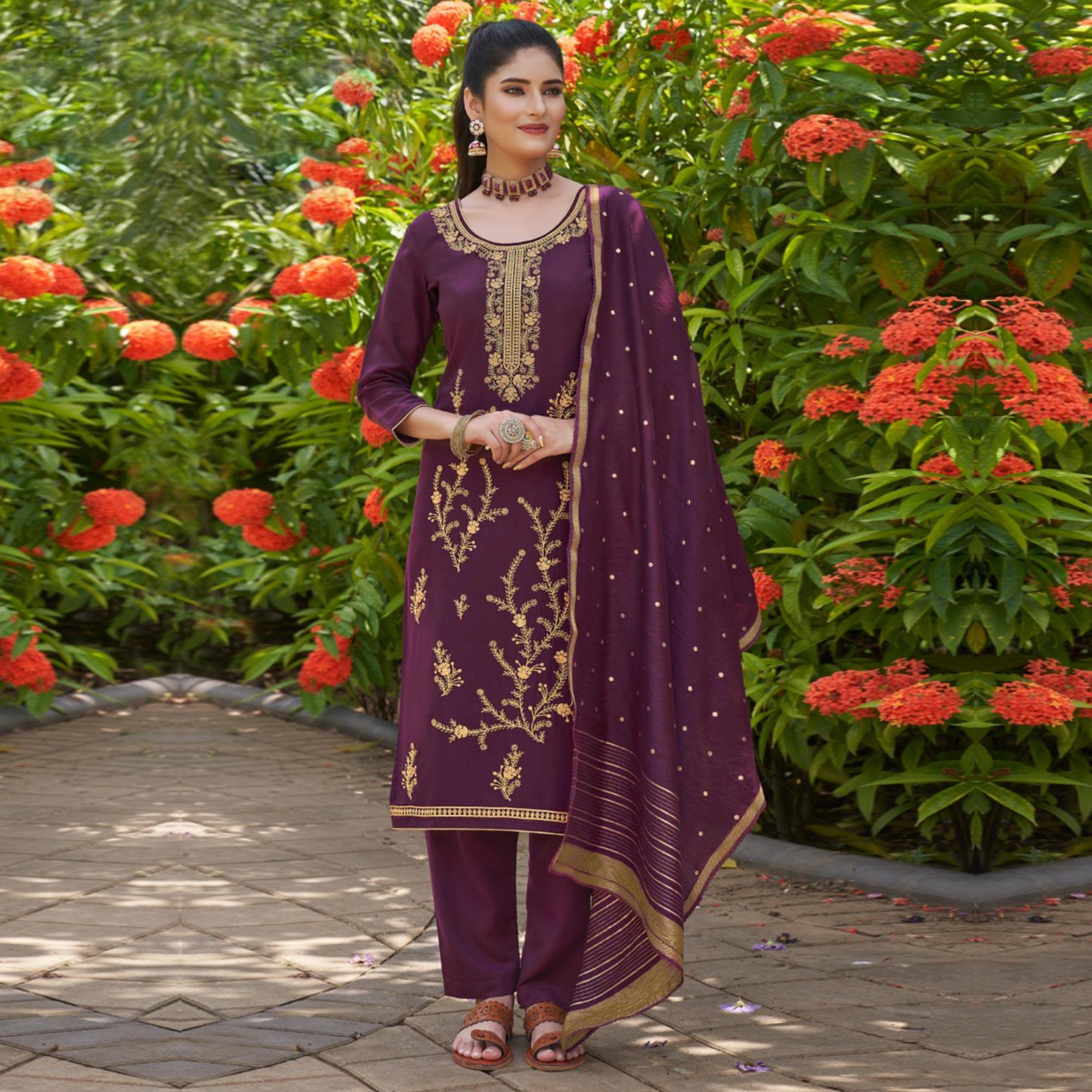 Purple Embroidered Art Silk Salwar Suit - Peachmode