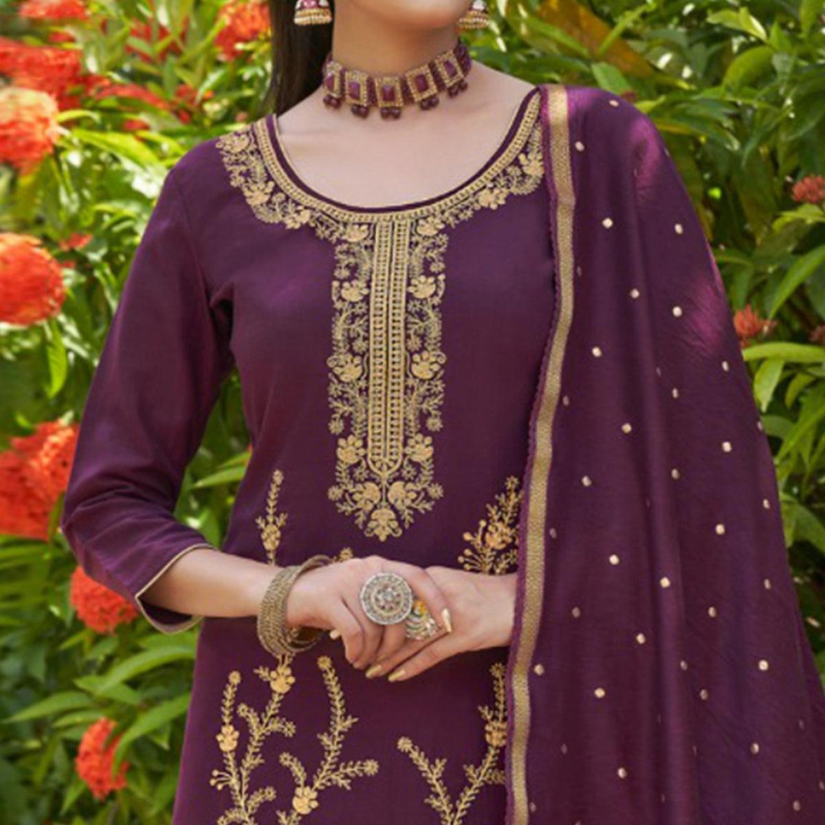 Purple Embroidered Art Silk Salwar Suit - Peachmode
