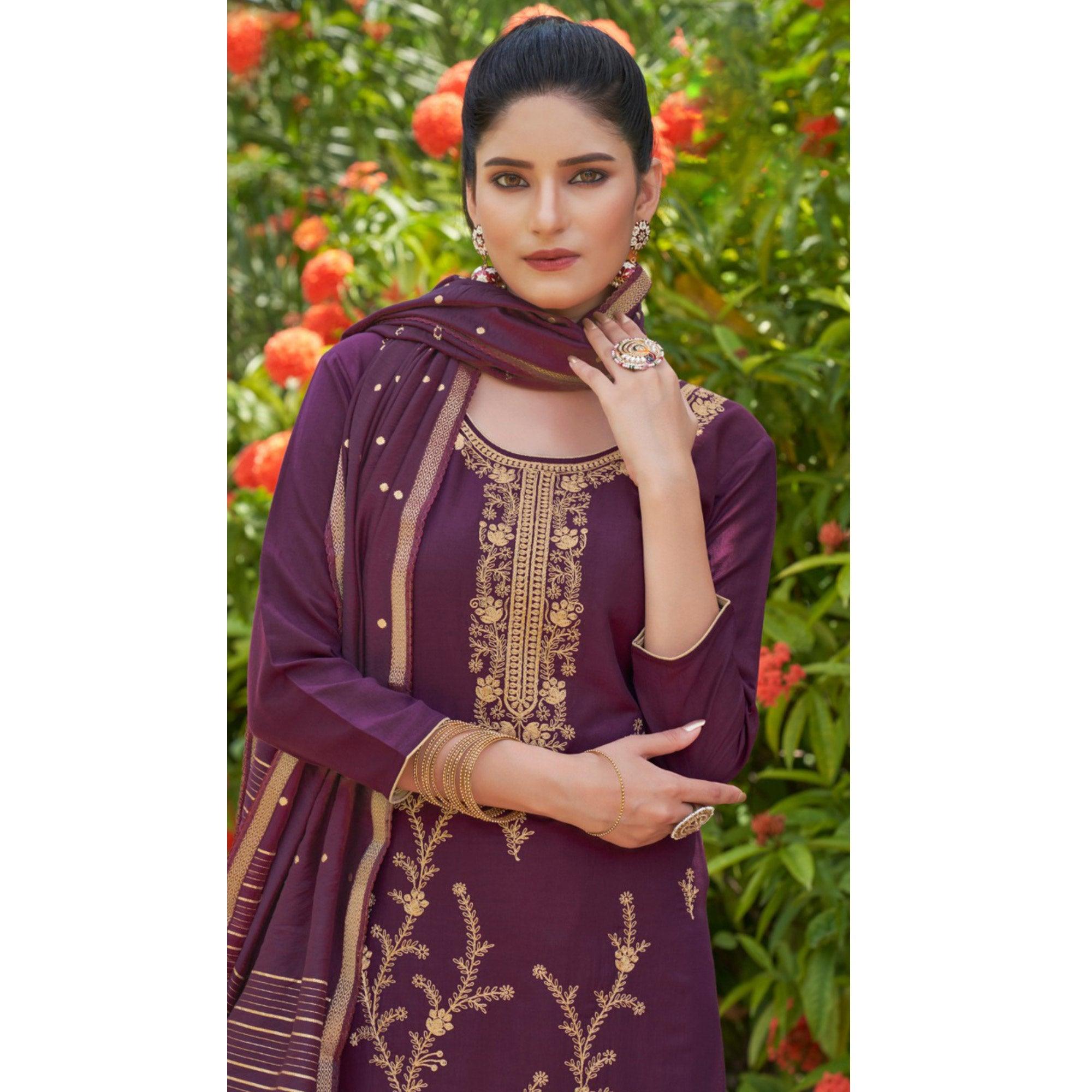 Purple Embroidered Art Silk Salwar Suit - Peachmode