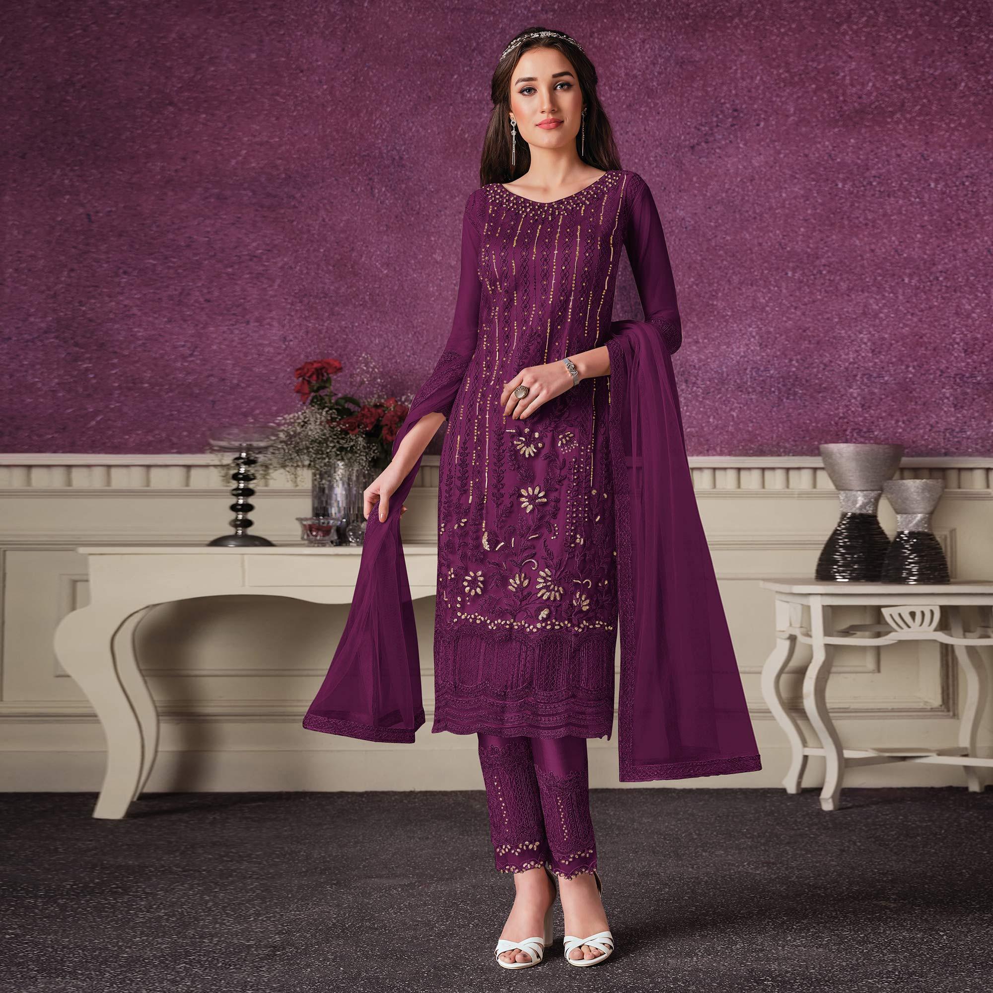 Purple Embroidered Butterfly Net Partywear Suit - Peachmode