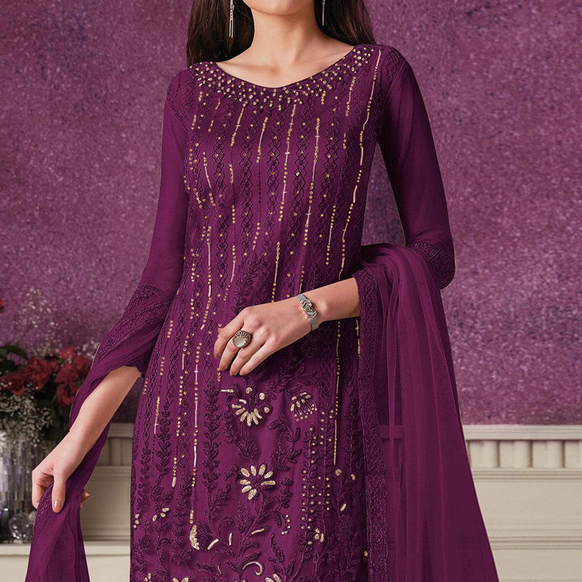 Purple Embroidered Butterfly Net Partywear Suit - Peachmode
