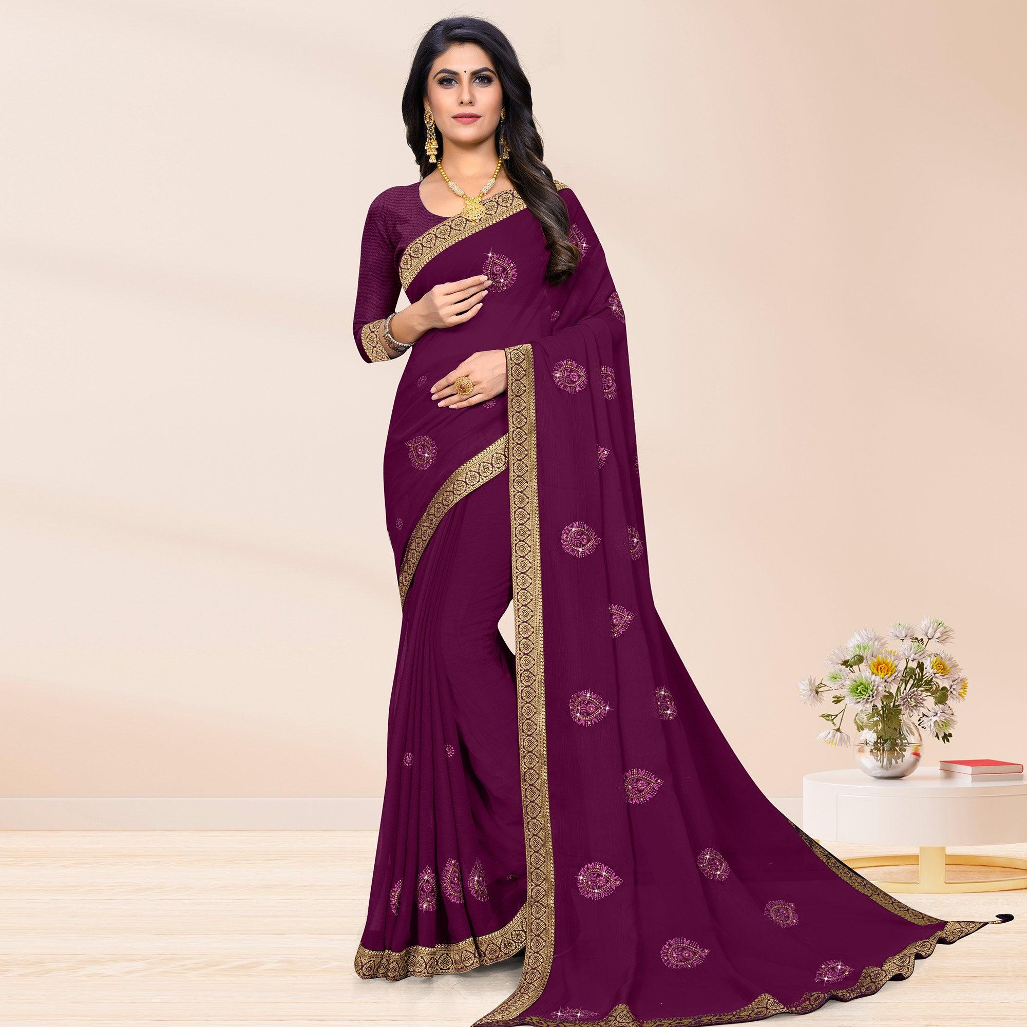 Purple Embroidered Chiffon Saree - Peachmode