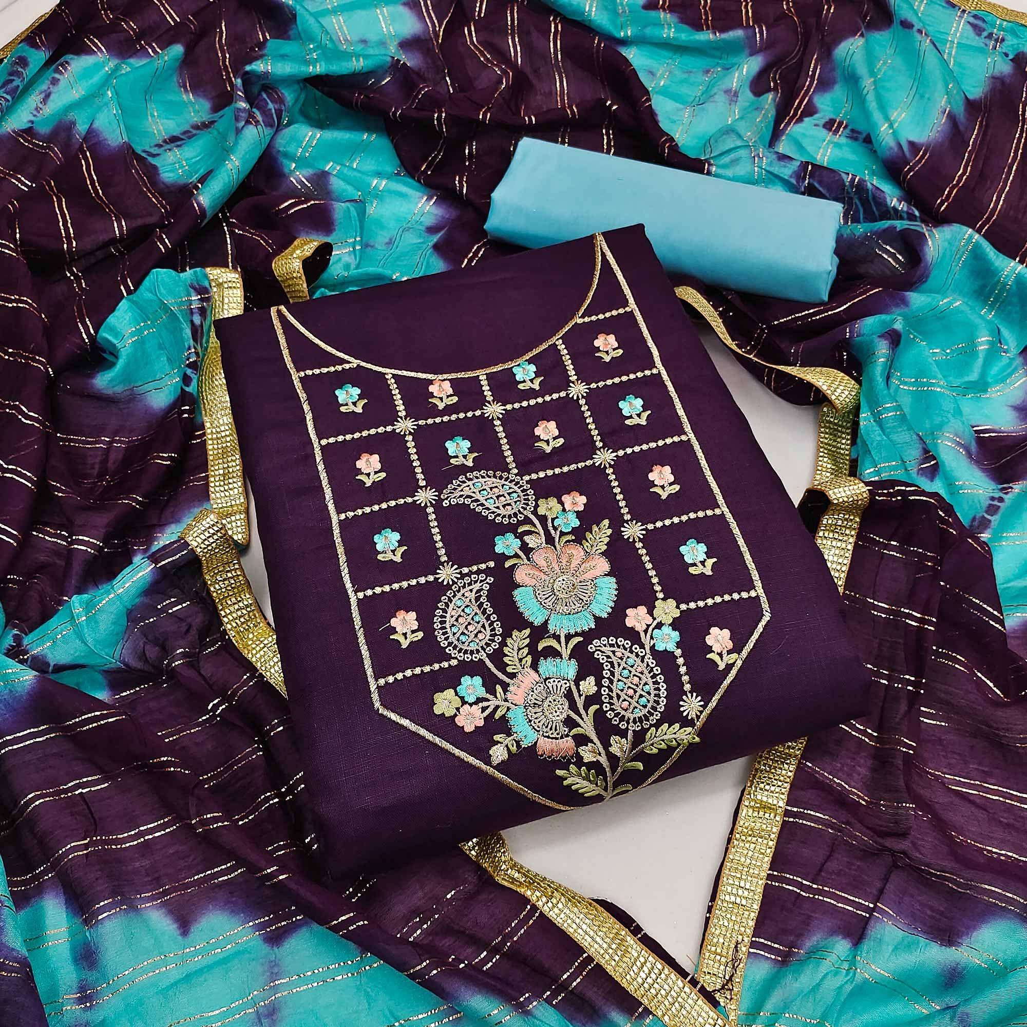 Purple Embroidered Cotton Dress Material - Peachmode