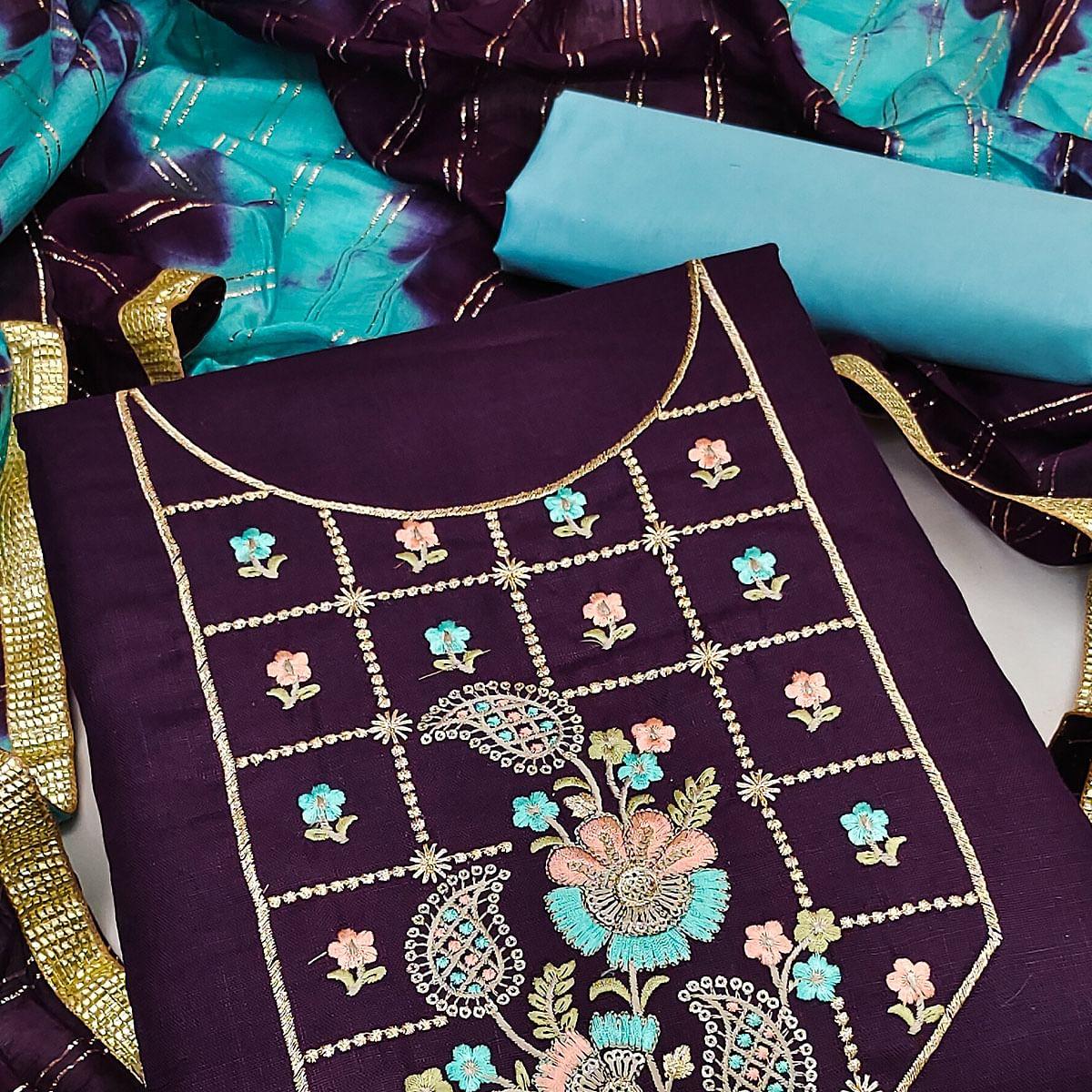 Purple Embroidered Cotton Dress Material - Peachmode