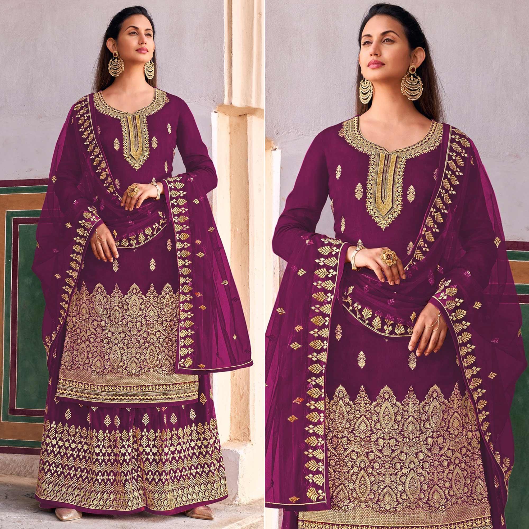 Purple Embroidered Dola Silk Palazzo Suit - Peachmode