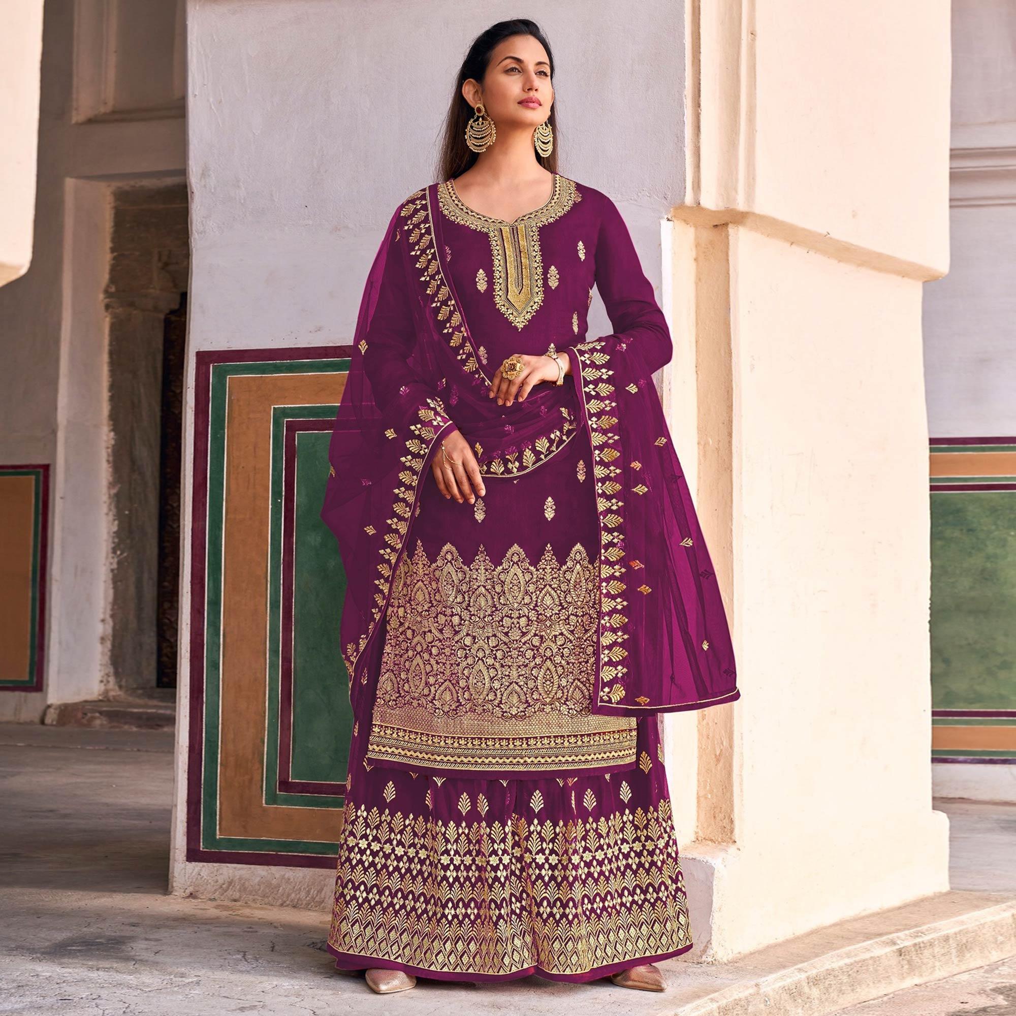 Purple Embroidered Dola Silk Palazzo Suit - Peachmode