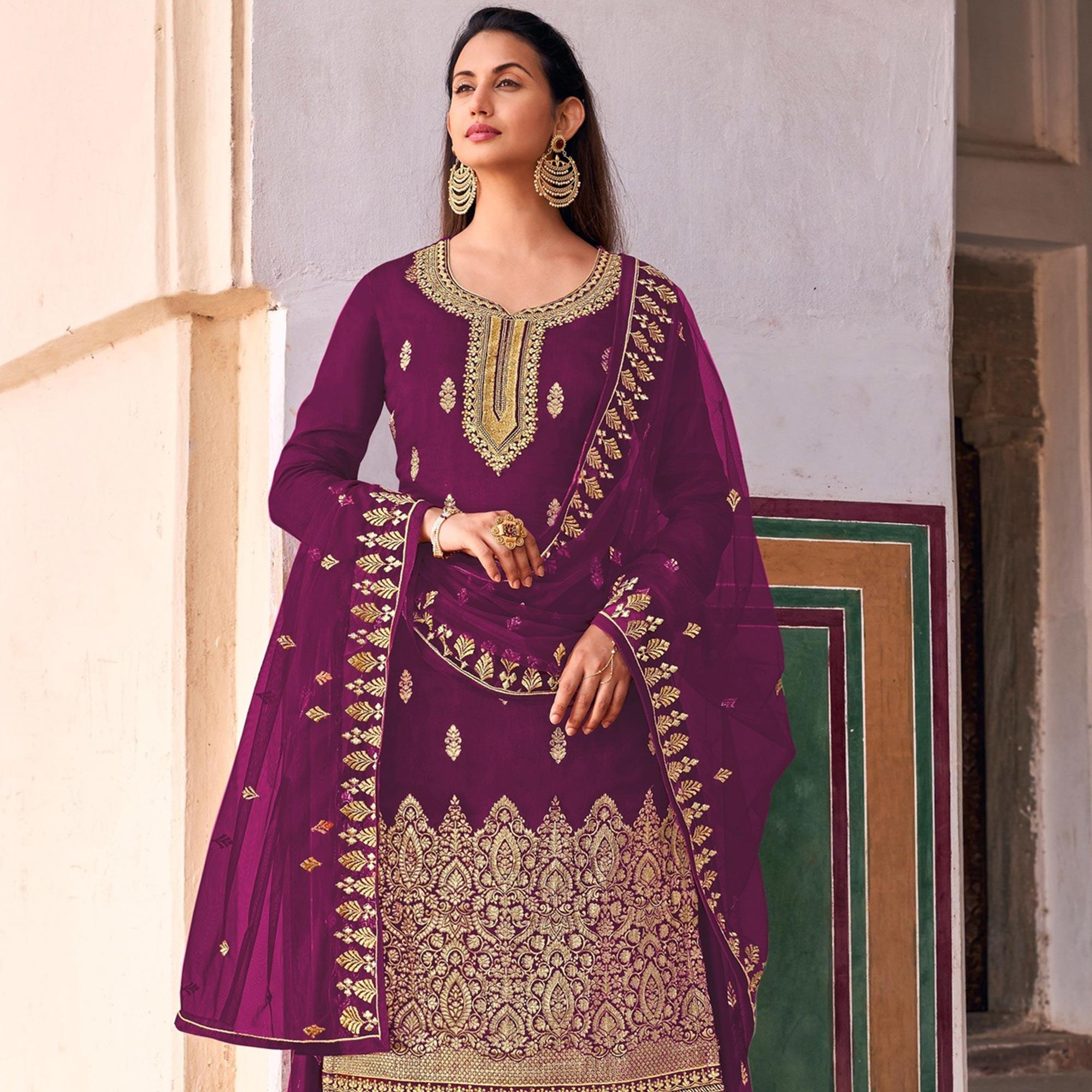 Purple Embroidered Dola Silk Palazzo Suit - Peachmode