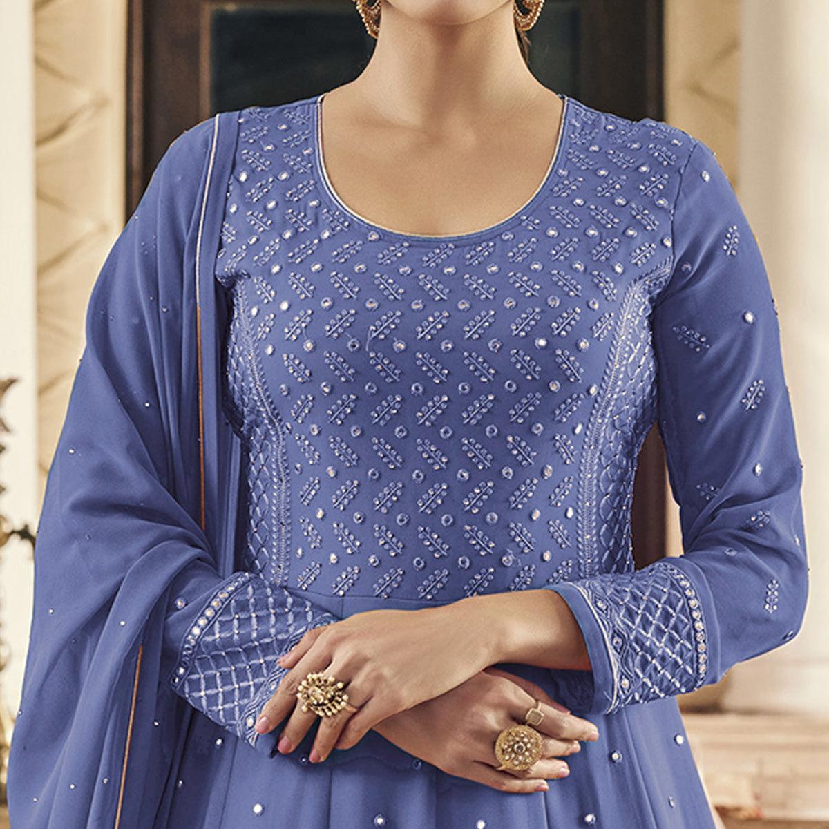 Purple Embroidered Georgette Anarkali Suit - Peachmode