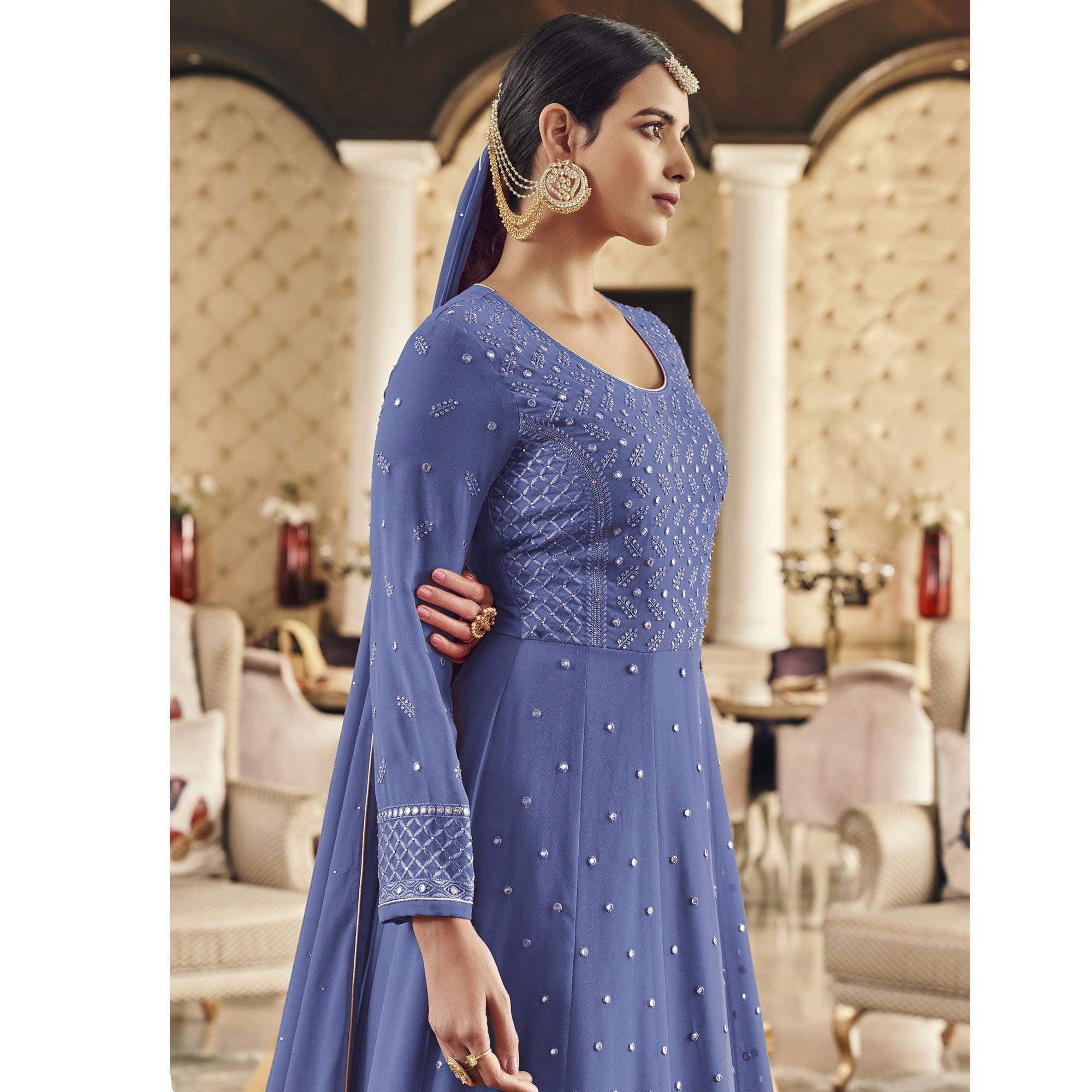 Purple Embroidered Georgette Anarkali Suit - Peachmode
