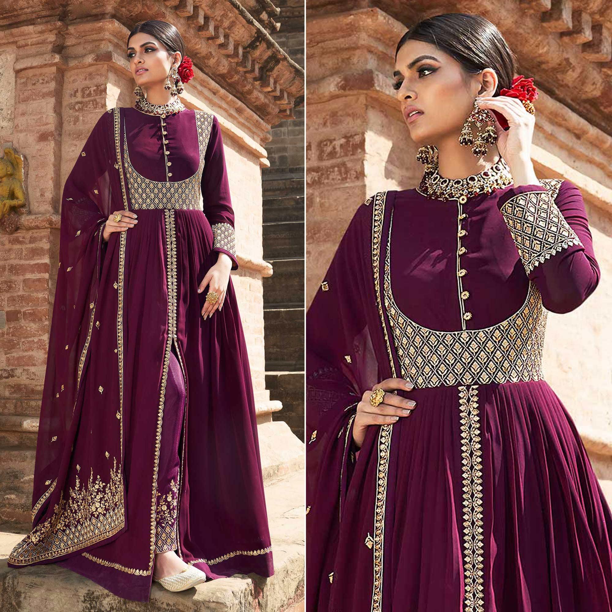 Purple Embroidered Georgette Front Slit Party Wear Suit - Peachmode