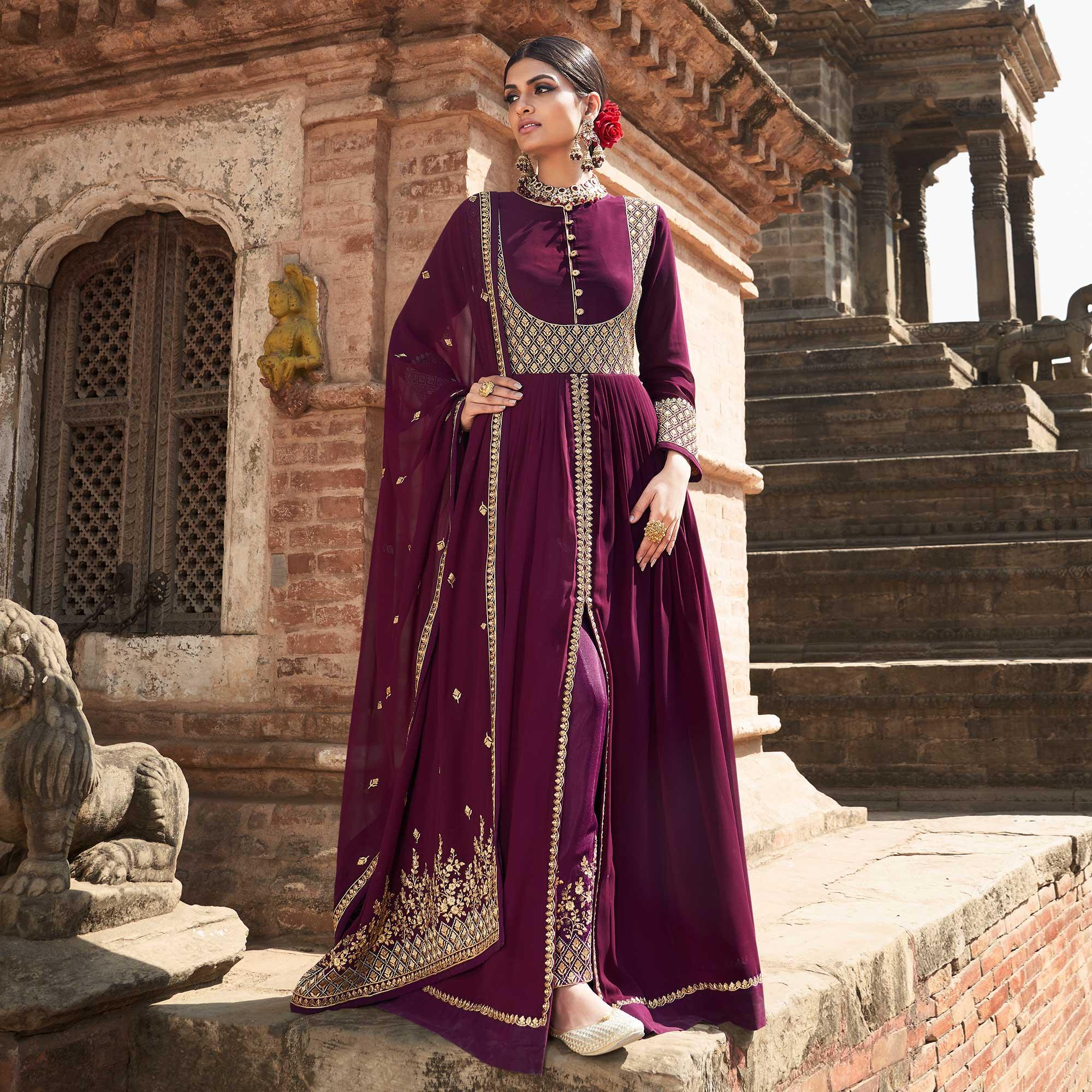 Purple Embroidered Georgette Front Slit Party Wear Suit - Peachmode