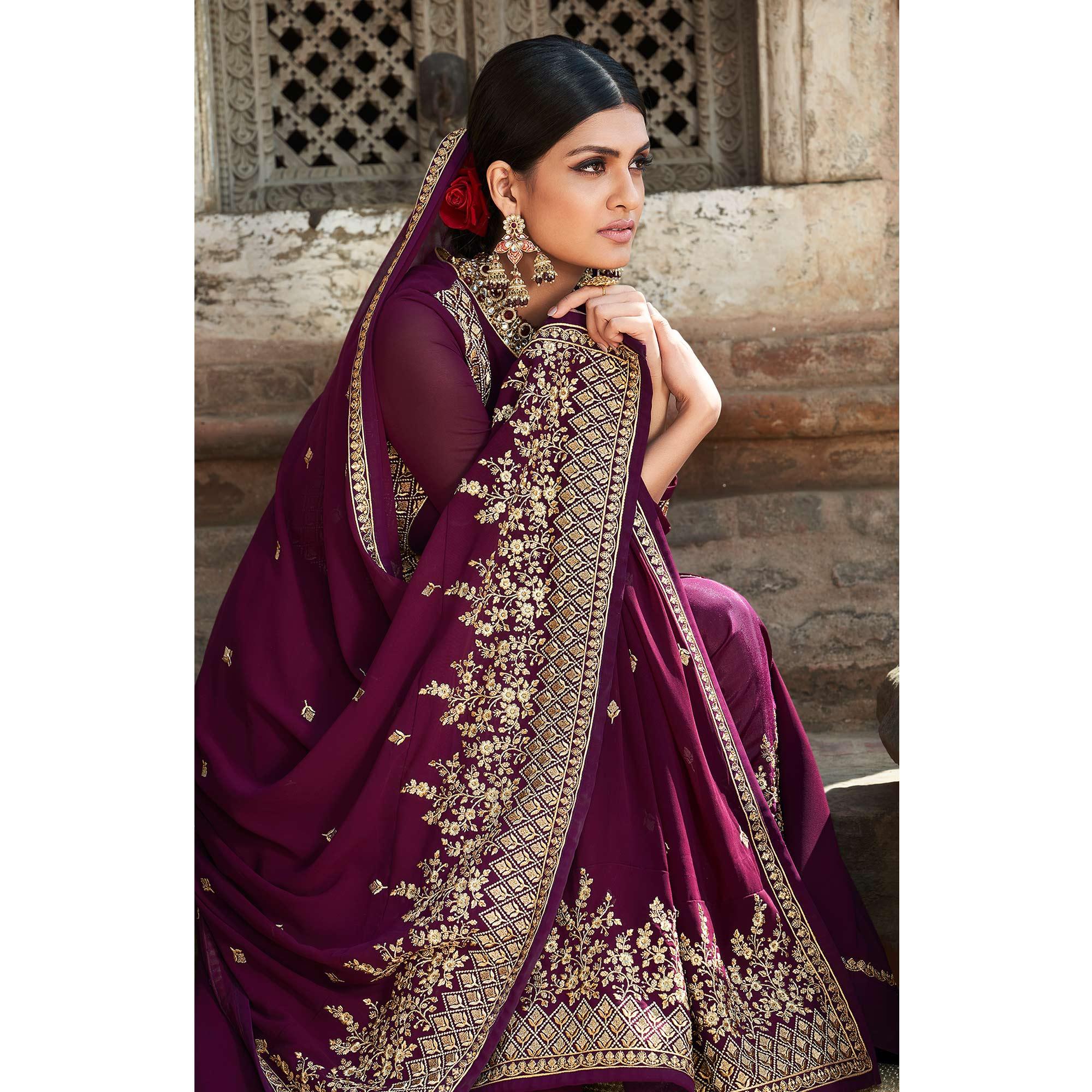 Purple Embroidered Georgette Front Slit Party Wear Suit - Peachmode