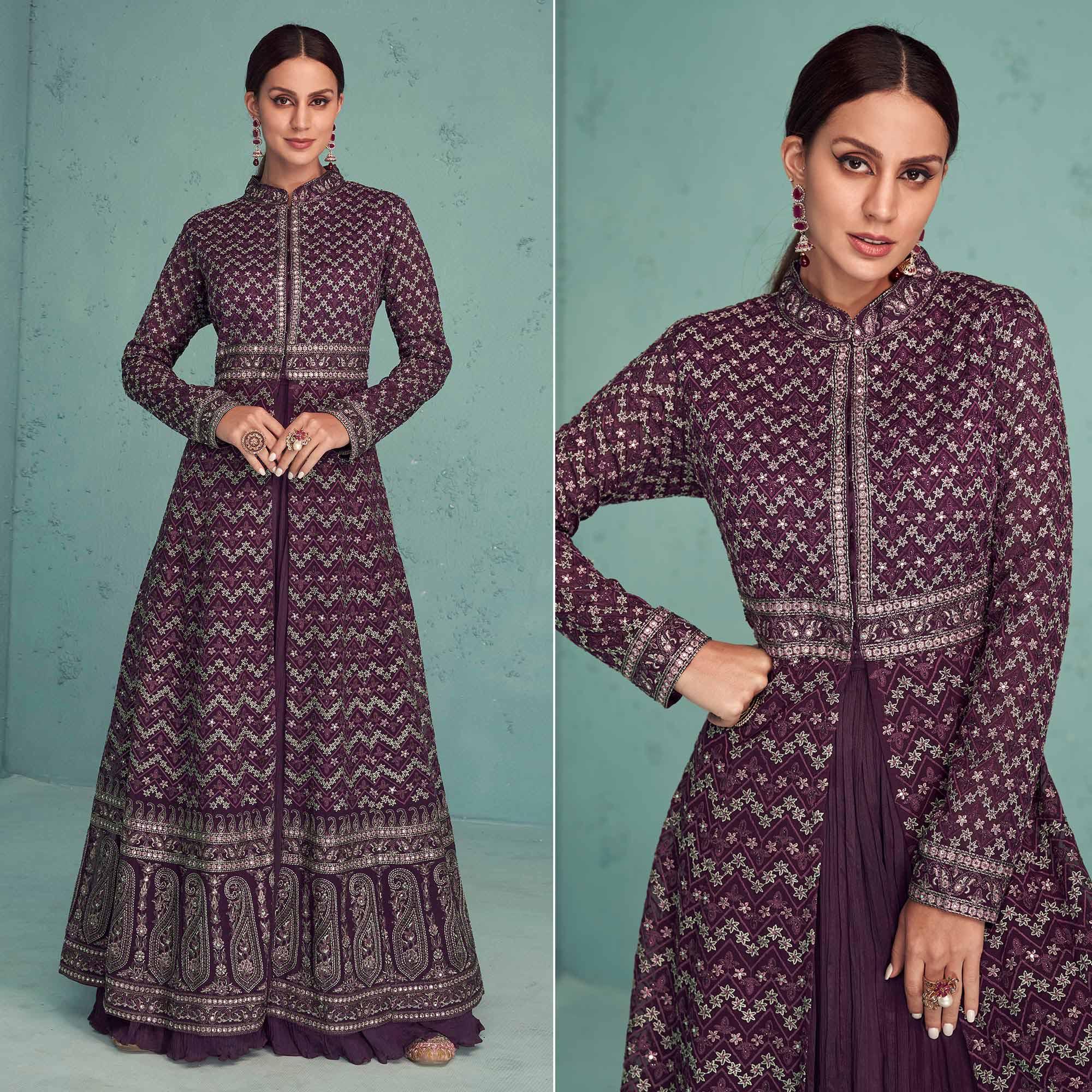 Purple Embroidered Georgette Gown - Peachmode