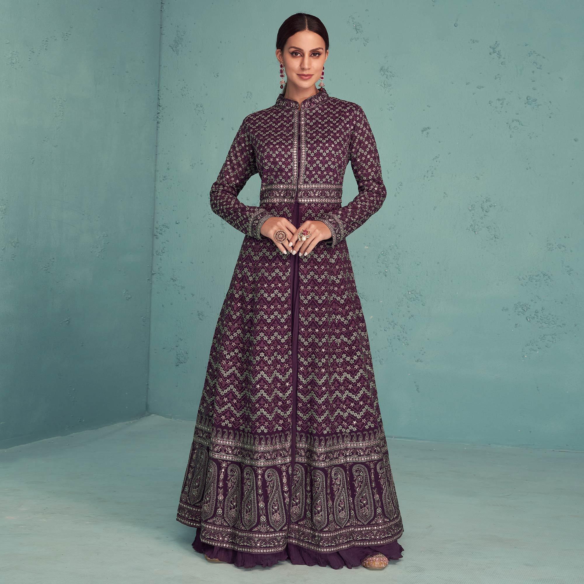 Purple Embroidered Georgette Gown - Peachmode