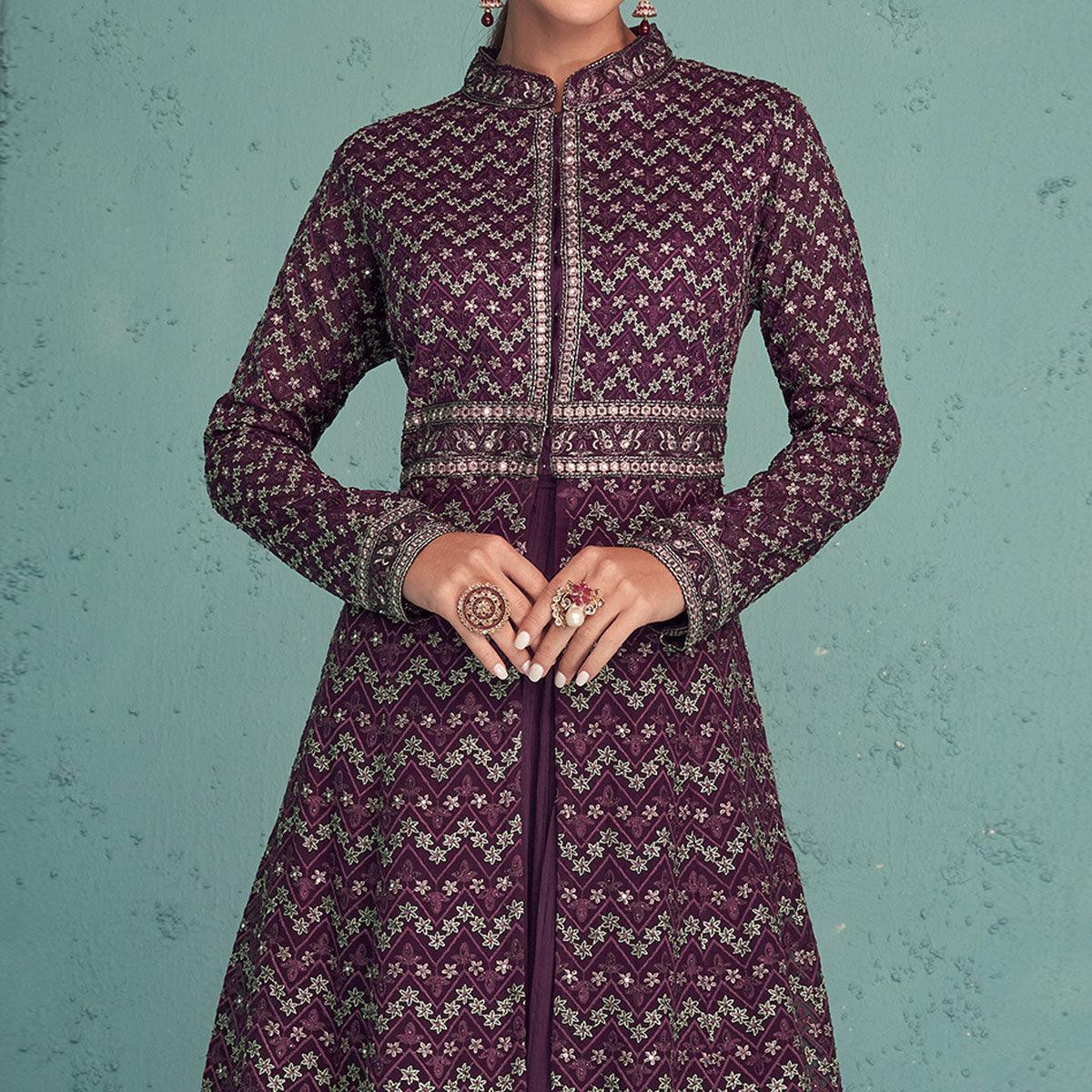 Purple Embroidered Georgette Gown - Peachmode