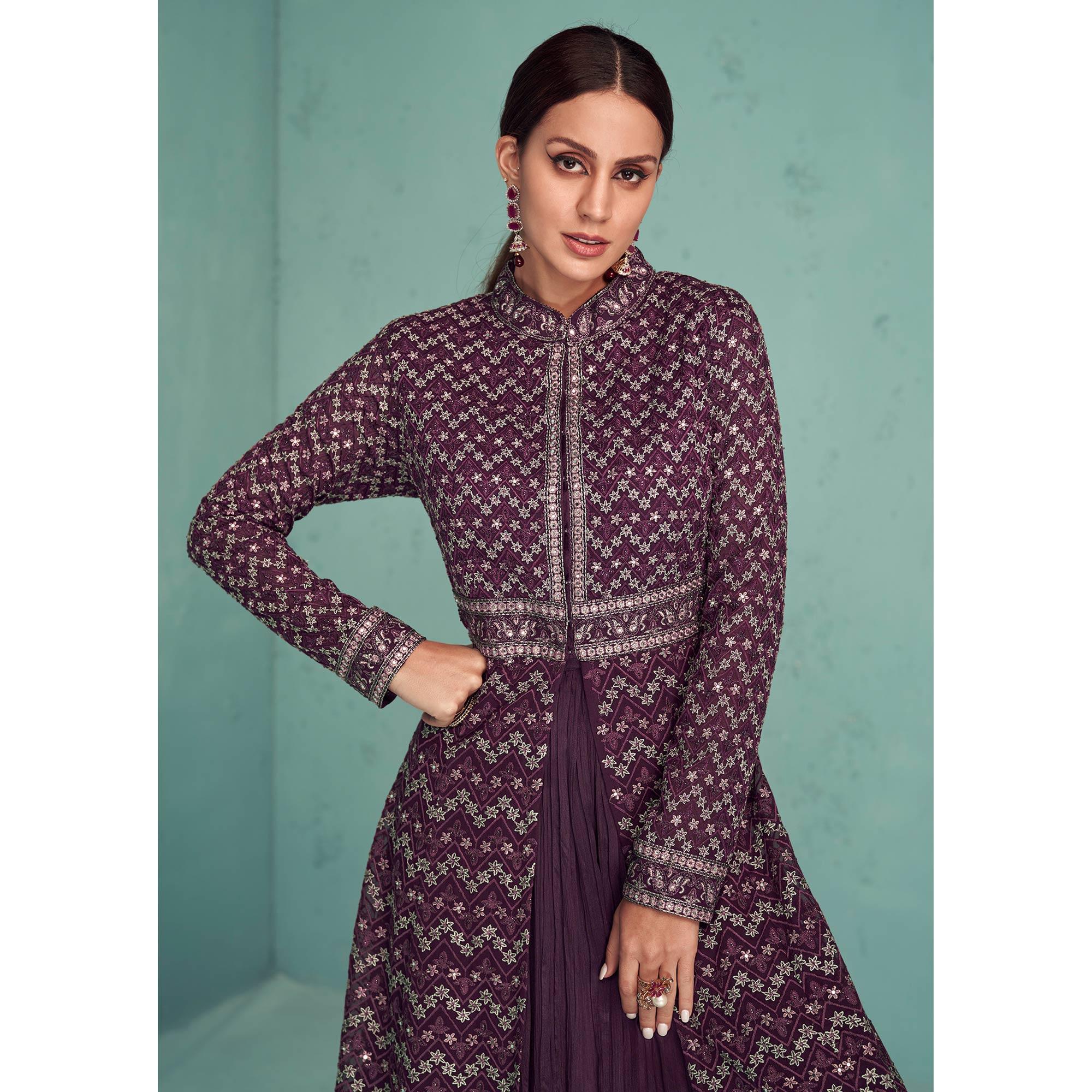 Purple Embroidered Georgette Gown - Peachmode