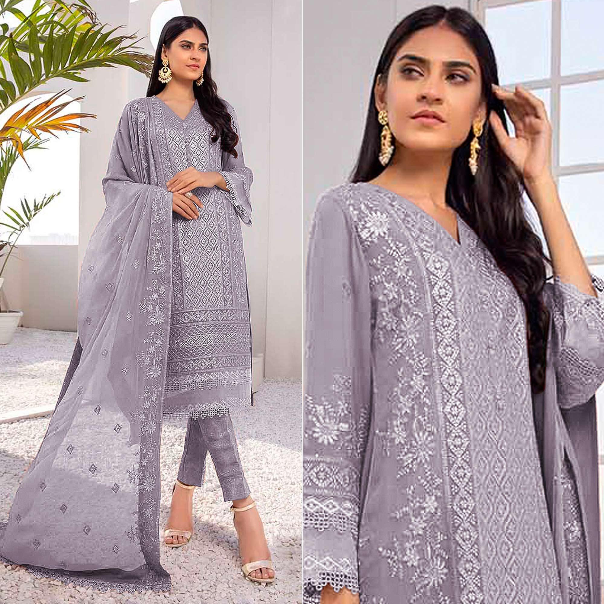 Purple Embroidered Georgette Pakistani Suit - Peachmode