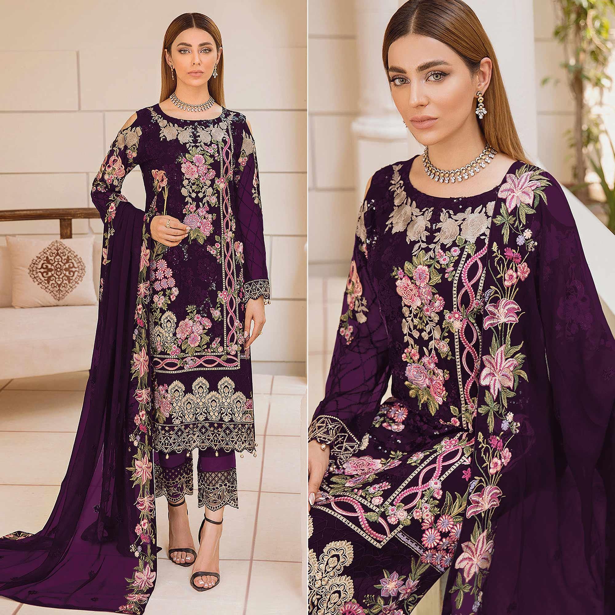Purple Embroidered Georgette Pakistani Suit - Peachmode