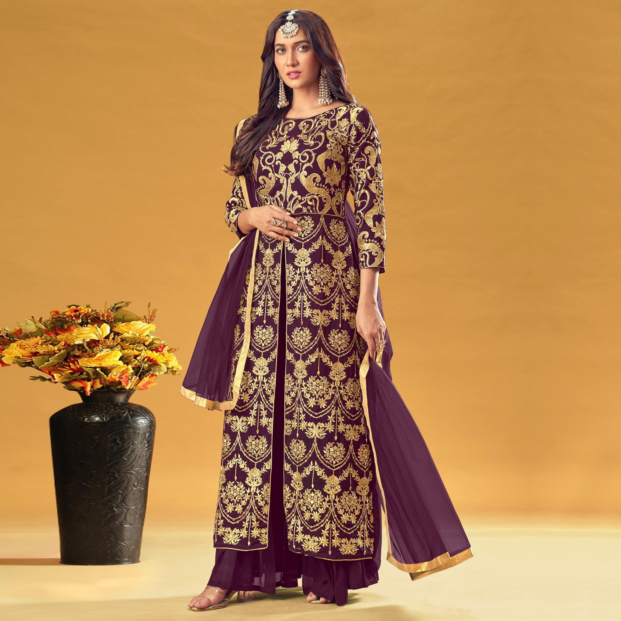 Purple Embroidered Georgette Pakistani Suit - Peachmode