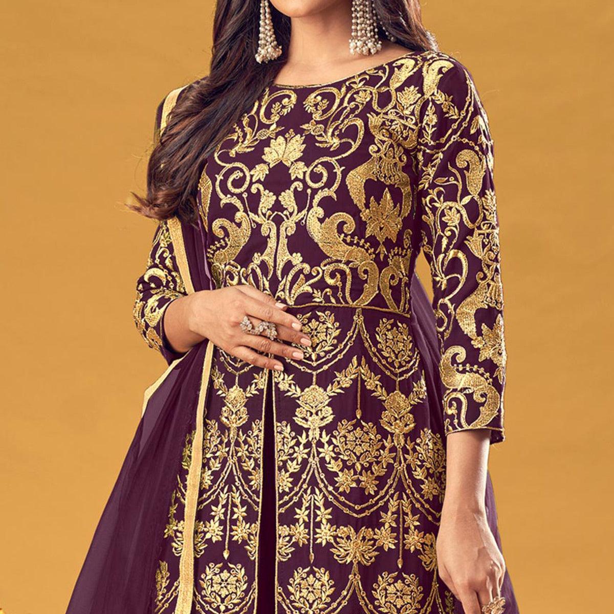 Purple Embroidered Georgette Pakistani Suit - Peachmode