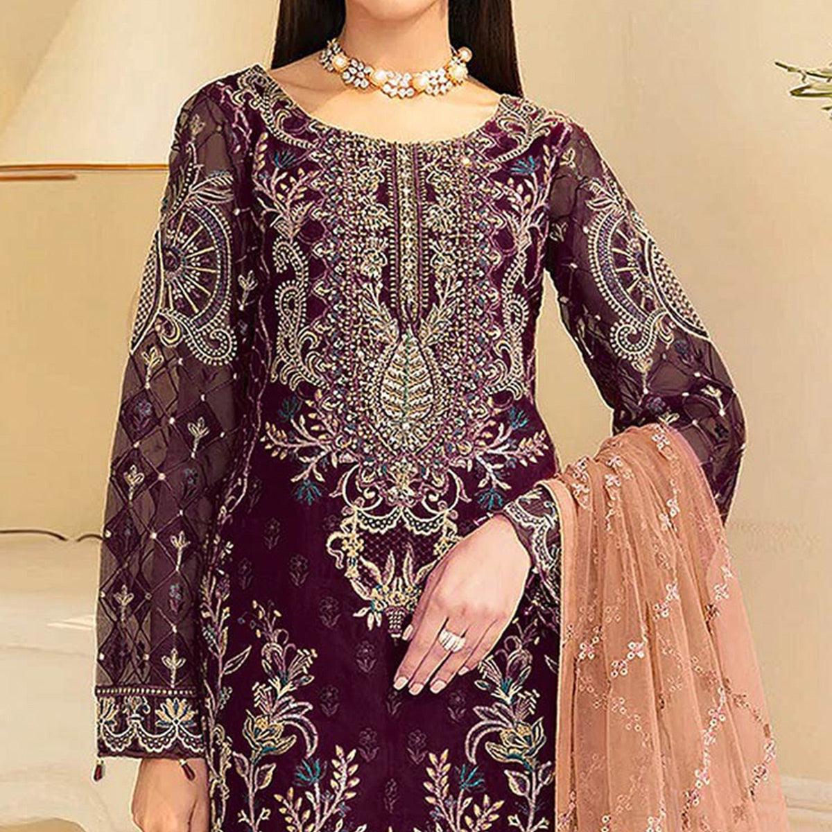 Purple Embroidered Georgette Pakistani Suit - Peachmode