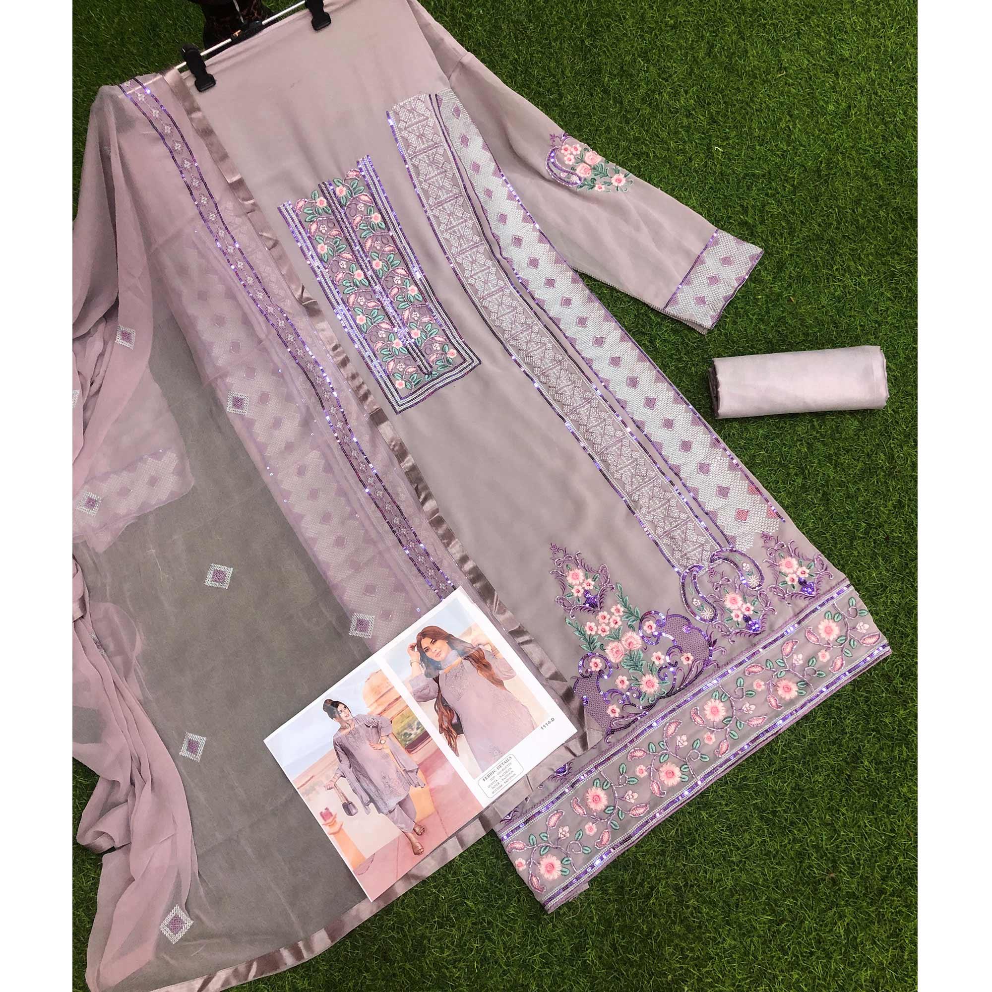 Purple Embroidered Georgette Pakistani Suit - Peachmode
