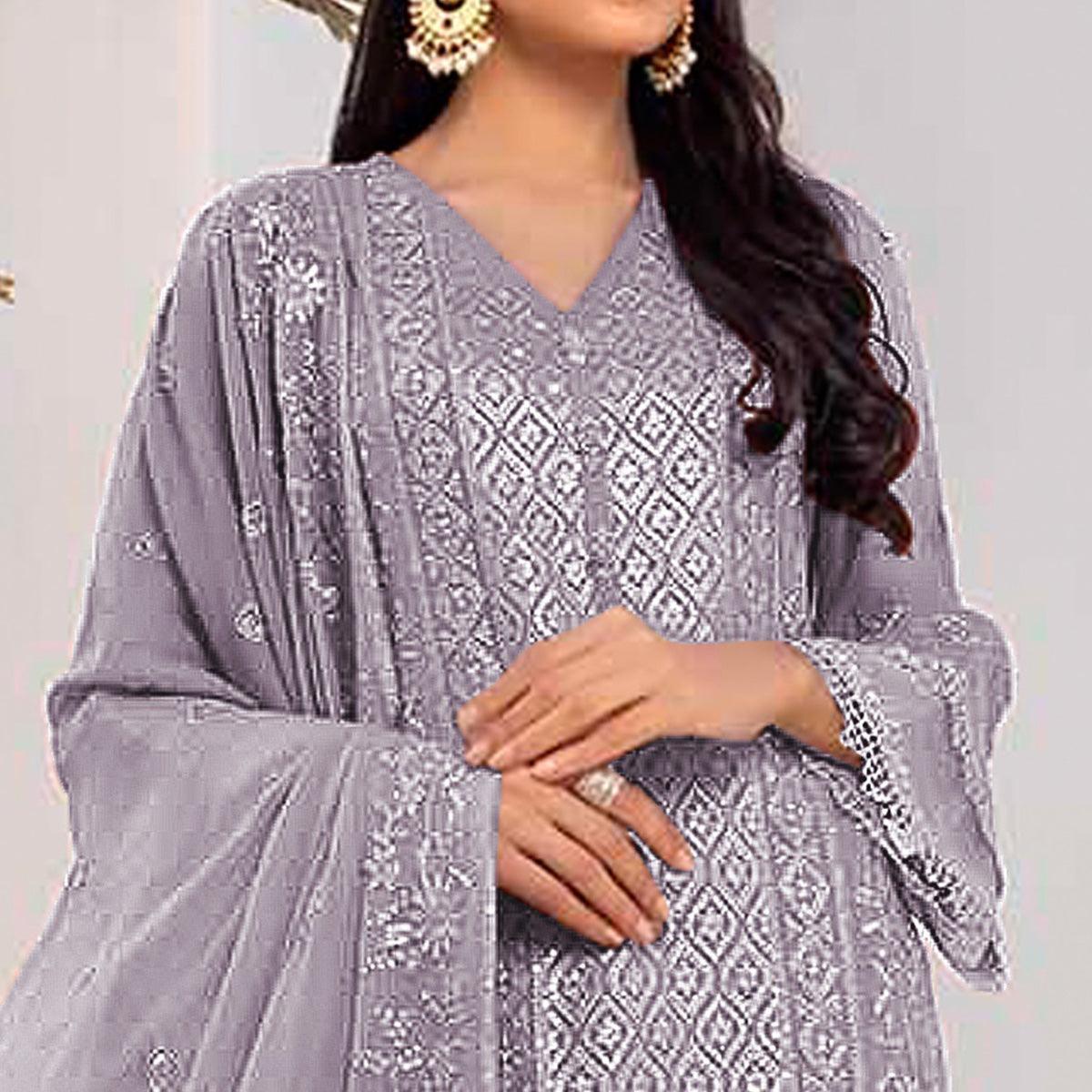 Purple Embroidered Georgette Pakistani Suit - Peachmode