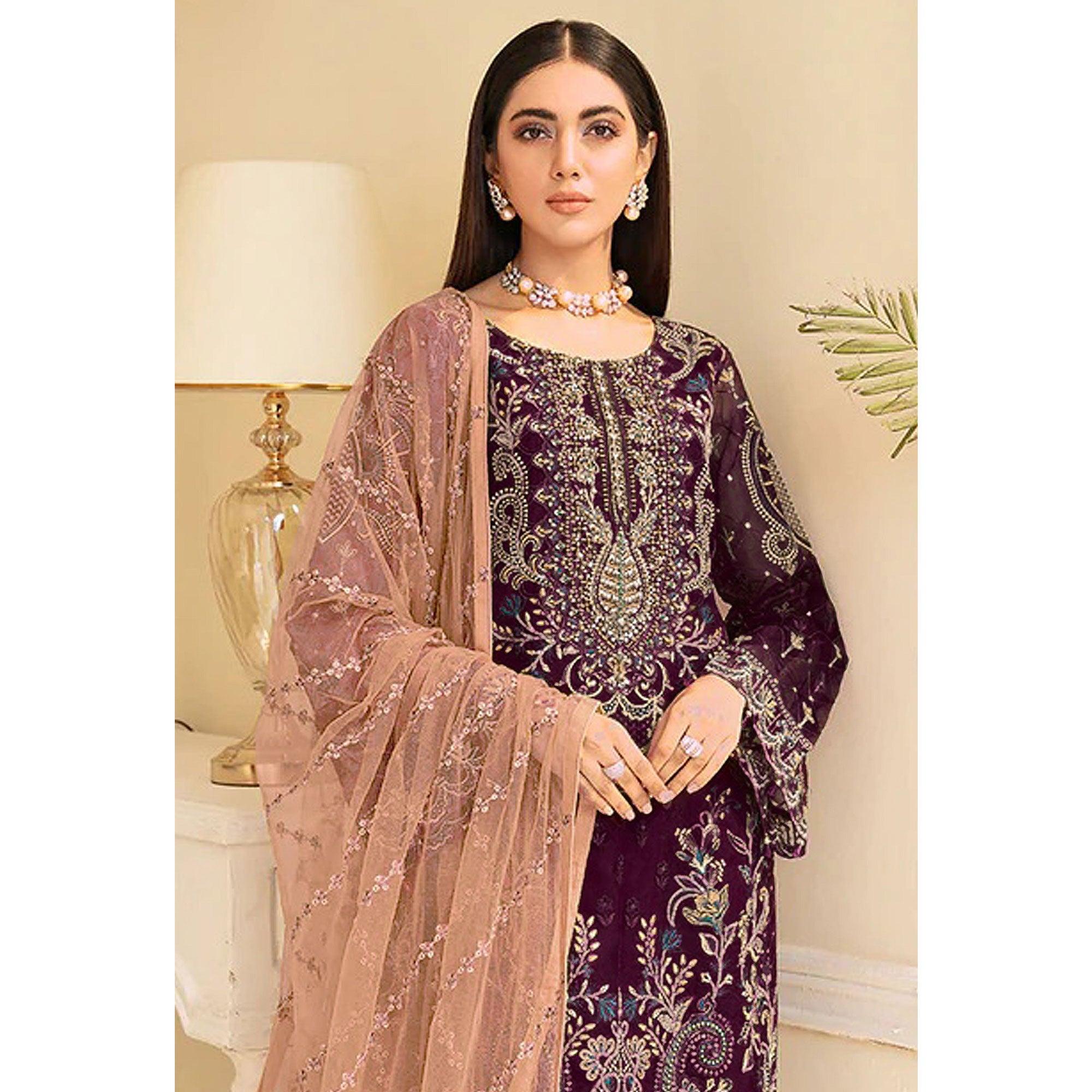 Purple Embroidered Georgette Pakistani Suit - Peachmode