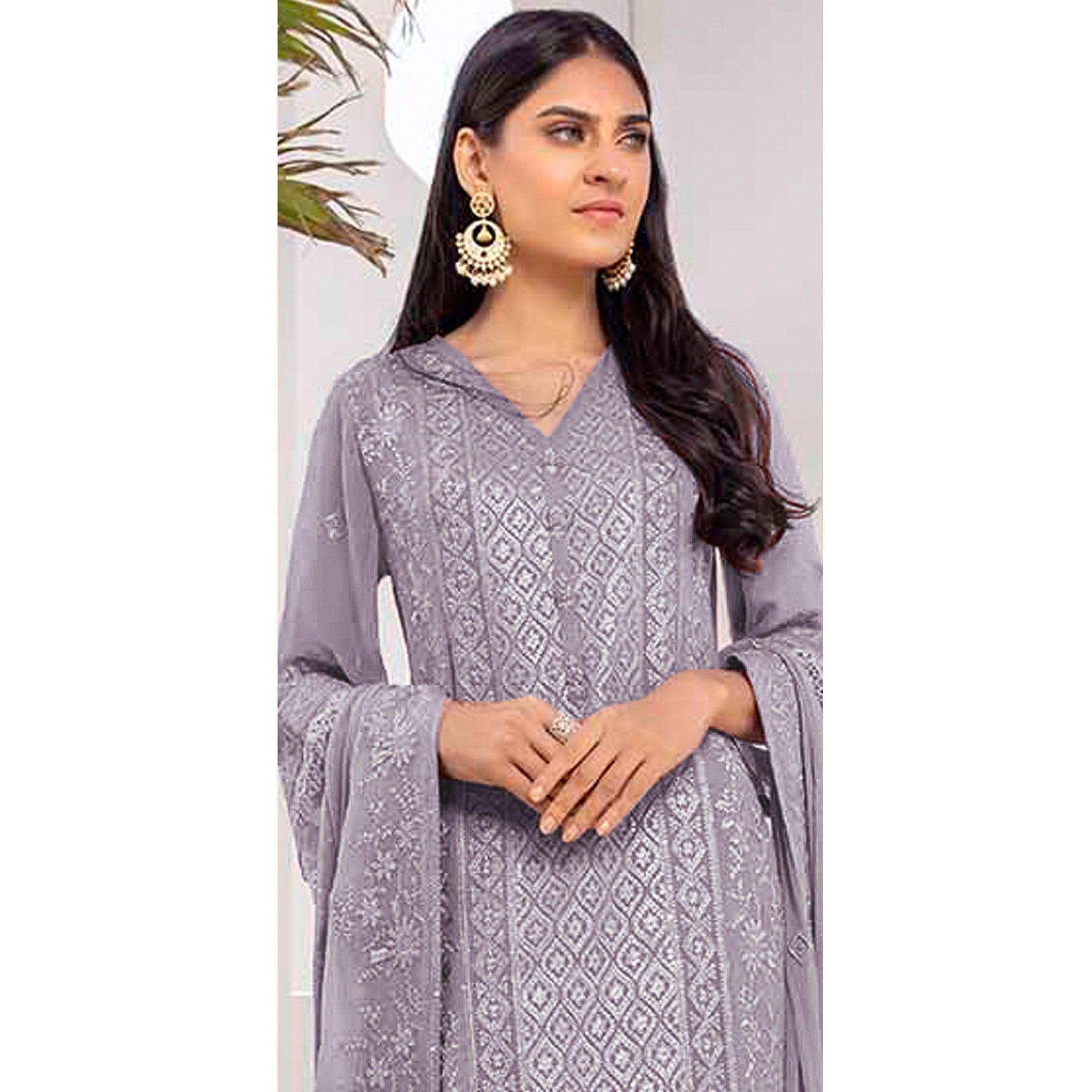 Purple Embroidered Georgette Pakistani Suit - Peachmode