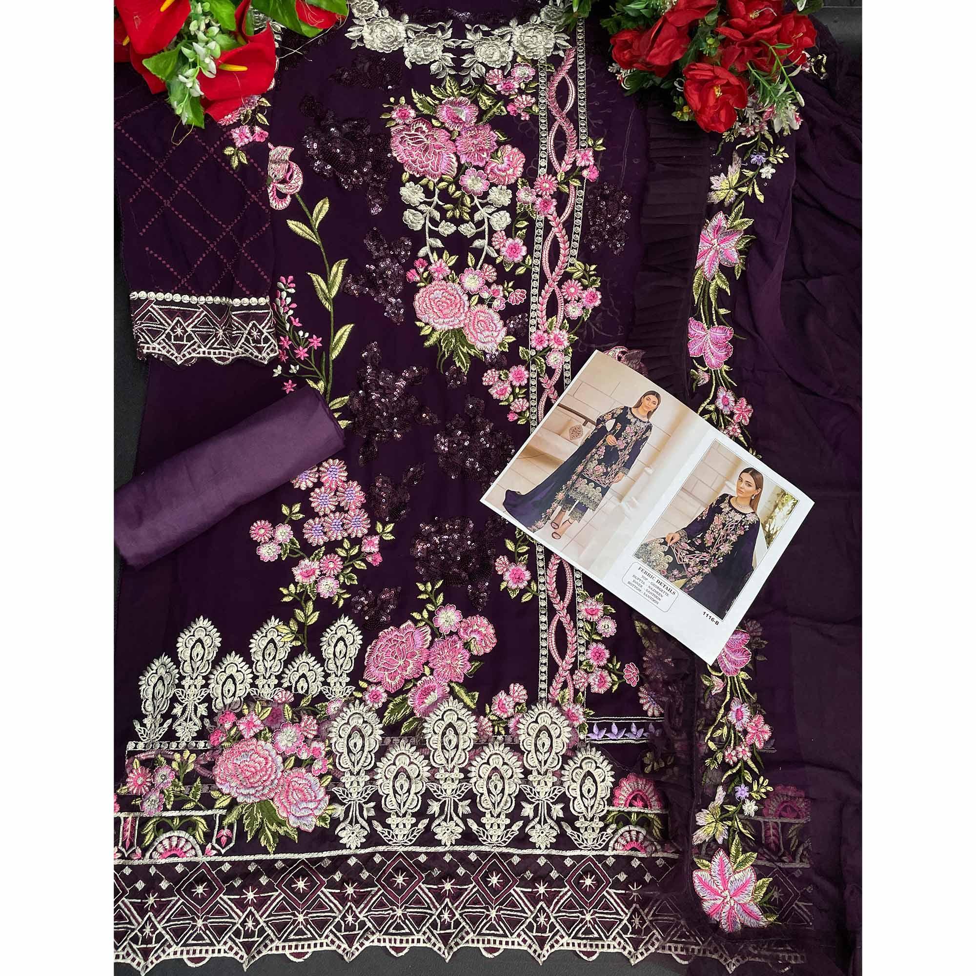 Purple Embroidered Georgette Pakistani Suit - Peachmode